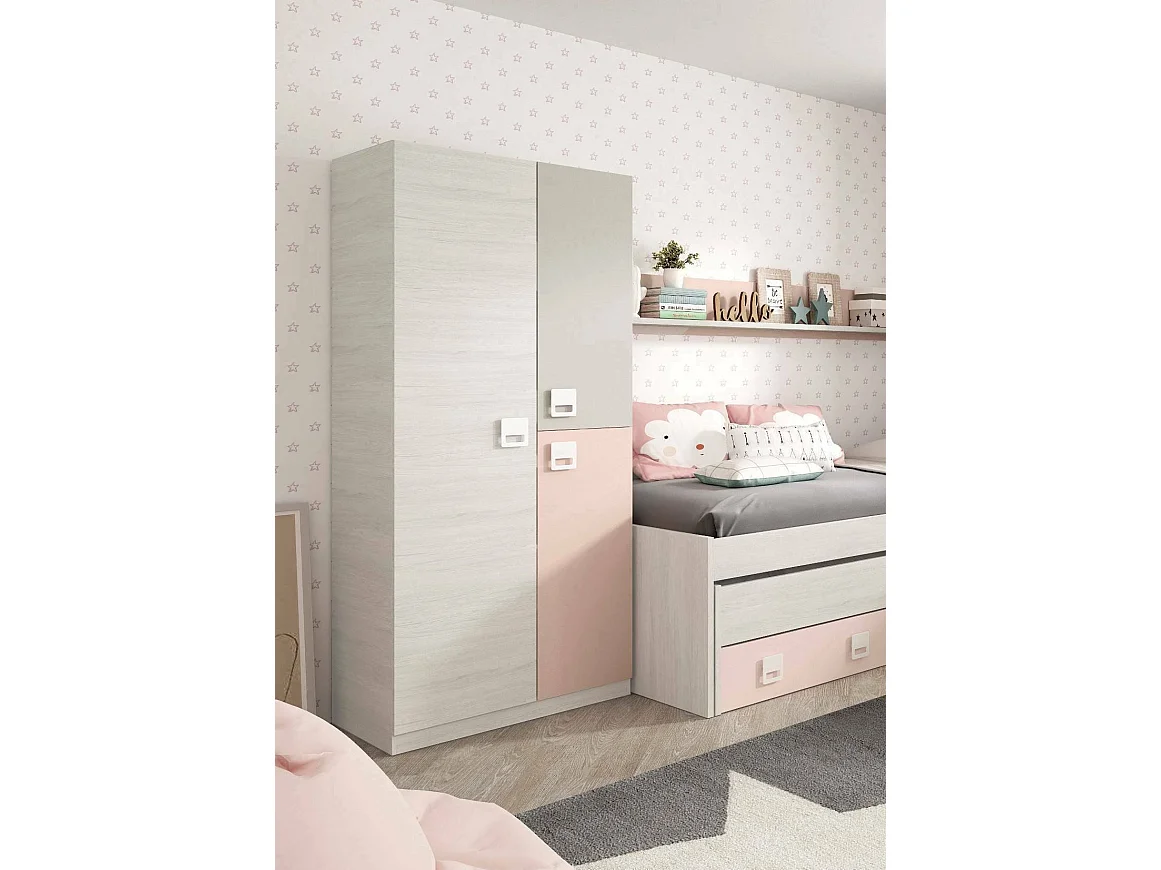 Armoire Dgorett, armoire de chambre, armoire avec 3 portes et 3 étagères avec tringle à vêtements, 90x52h200 cm, gris et rose
