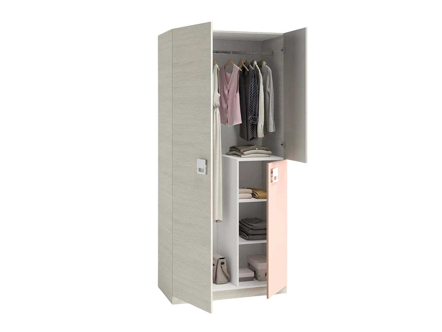 Armoire Dgorett, armoire de chambre, armoire avec 3 portes et 3 étagères avec tringle à vêtements, 90x52h200 cm, gris et rose
