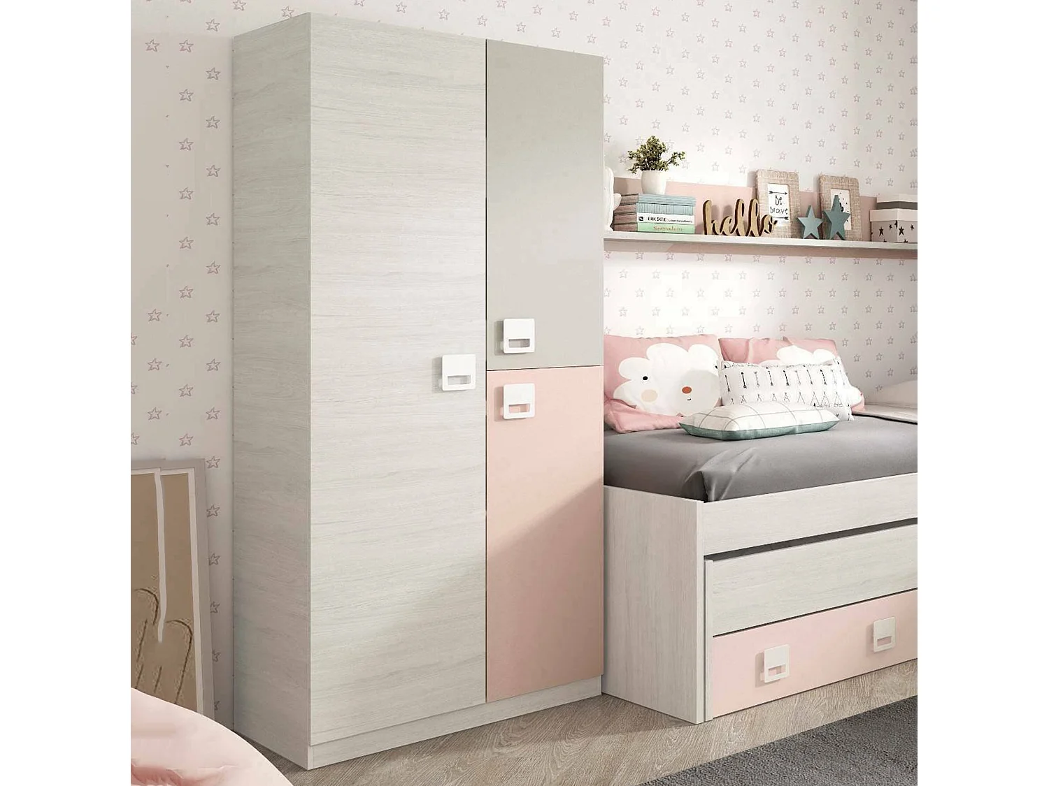 Armoire Dgorett, armoire de chambre, armoire avec 3 portes et 3 étagères avec tringle à vêtements, 90x52h200 cm, gris et rose