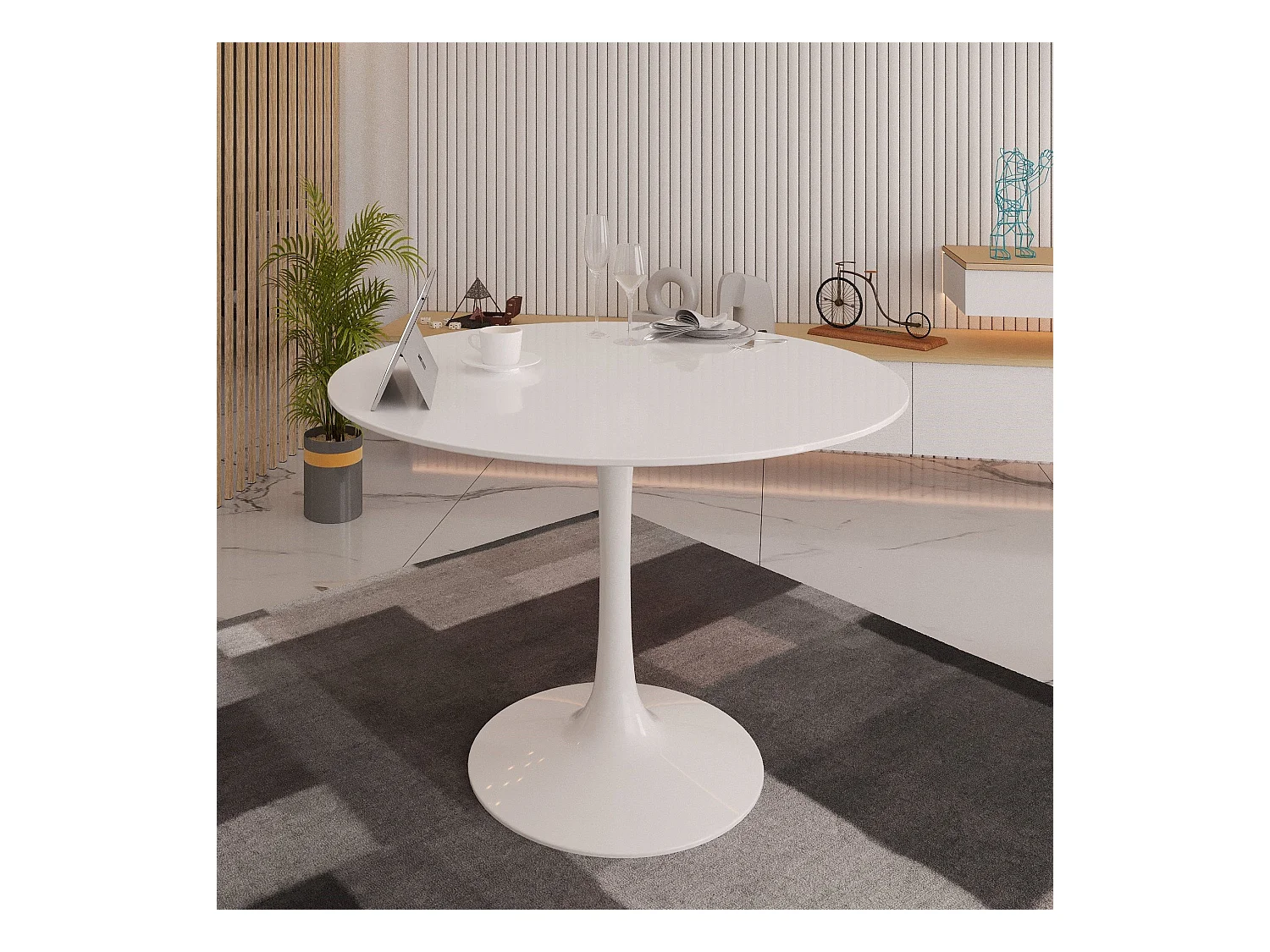 Vaste tafel 0, Ronde multifunctionele salontafel, Eettafel met metalen structuur en laminaatplank, 100xh75 cm, Wit
