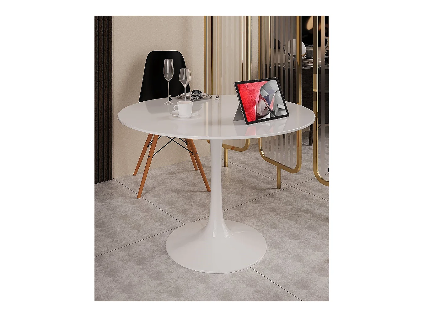 Vaste tafel 0, Ronde multifunctionele salontafel, Eettafel met metalen structuur en laminaatplank, 100xh75 cm, Wit