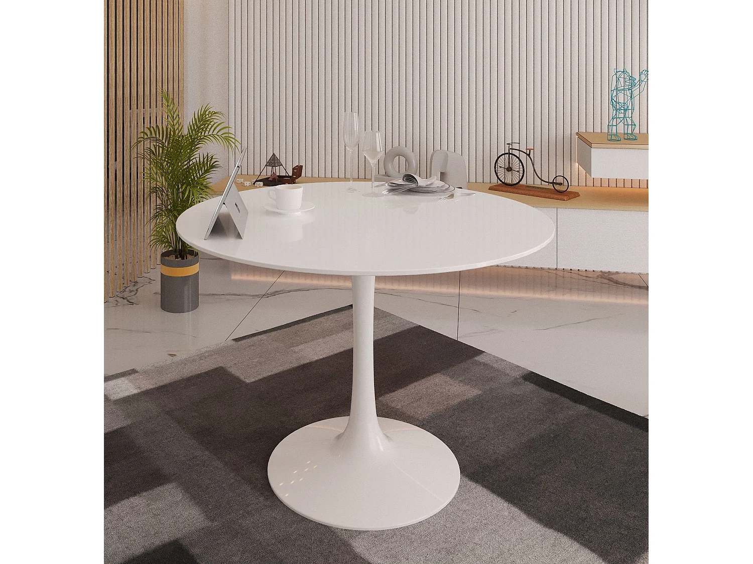 Vaste tafel 0, Ronde multifunctionele salontafel, Eettafel met metalen structuur en laminaatplank, 100xh75 cm, Wit