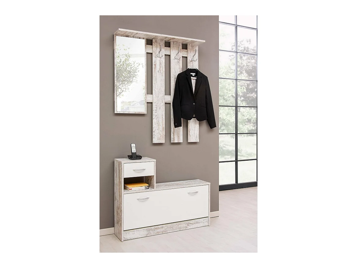 Entreemeubel met spiegel, halingang met schoenenrek, Zakleegbak voor kleine appartementen, 100x25h180 cm, Wit en berkenkleur