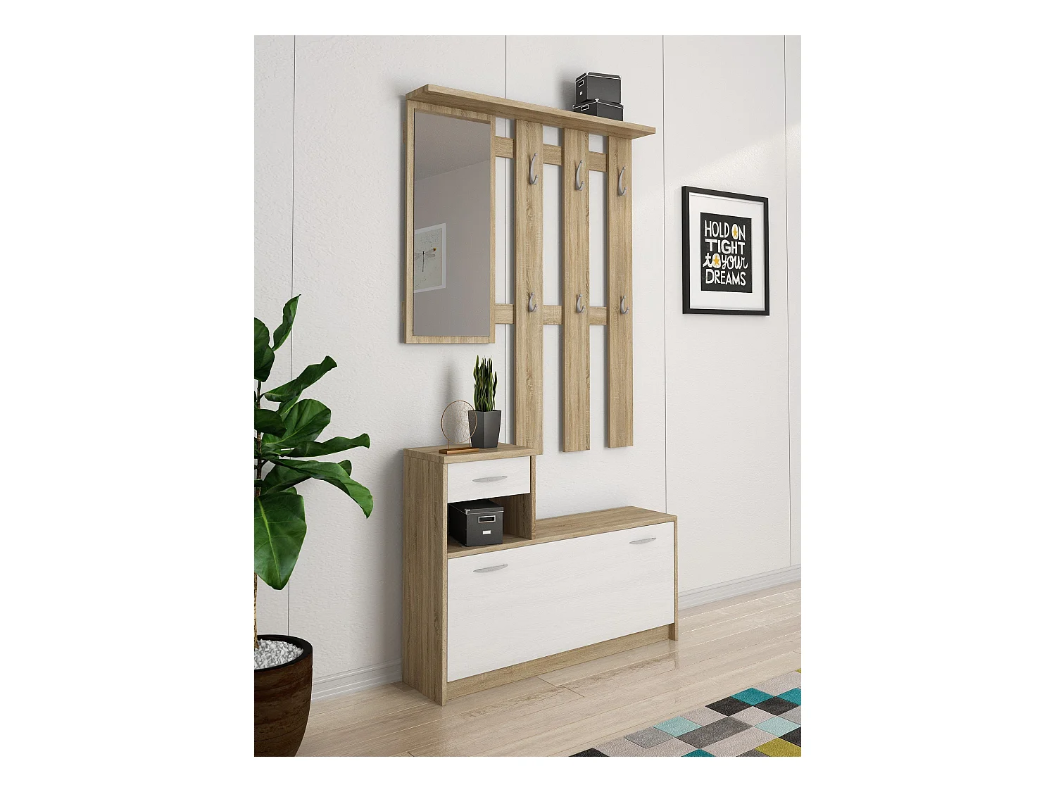 Dmora - Mobile da ingresso Daa, 100x26h190 cm, Bianco e Rovere