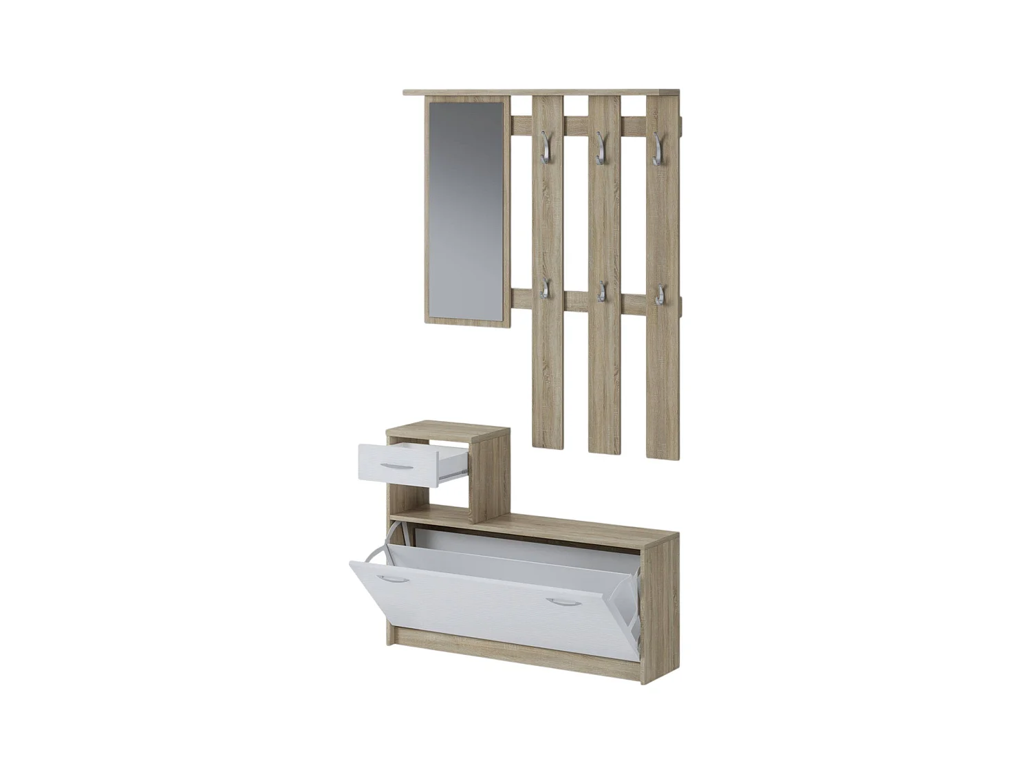 Muebles de entrada 0, Recibidor moderno con espejo, Mueble con zapatero, Mueble multifunción, 100x25h180 cm, Blanco y Marrón