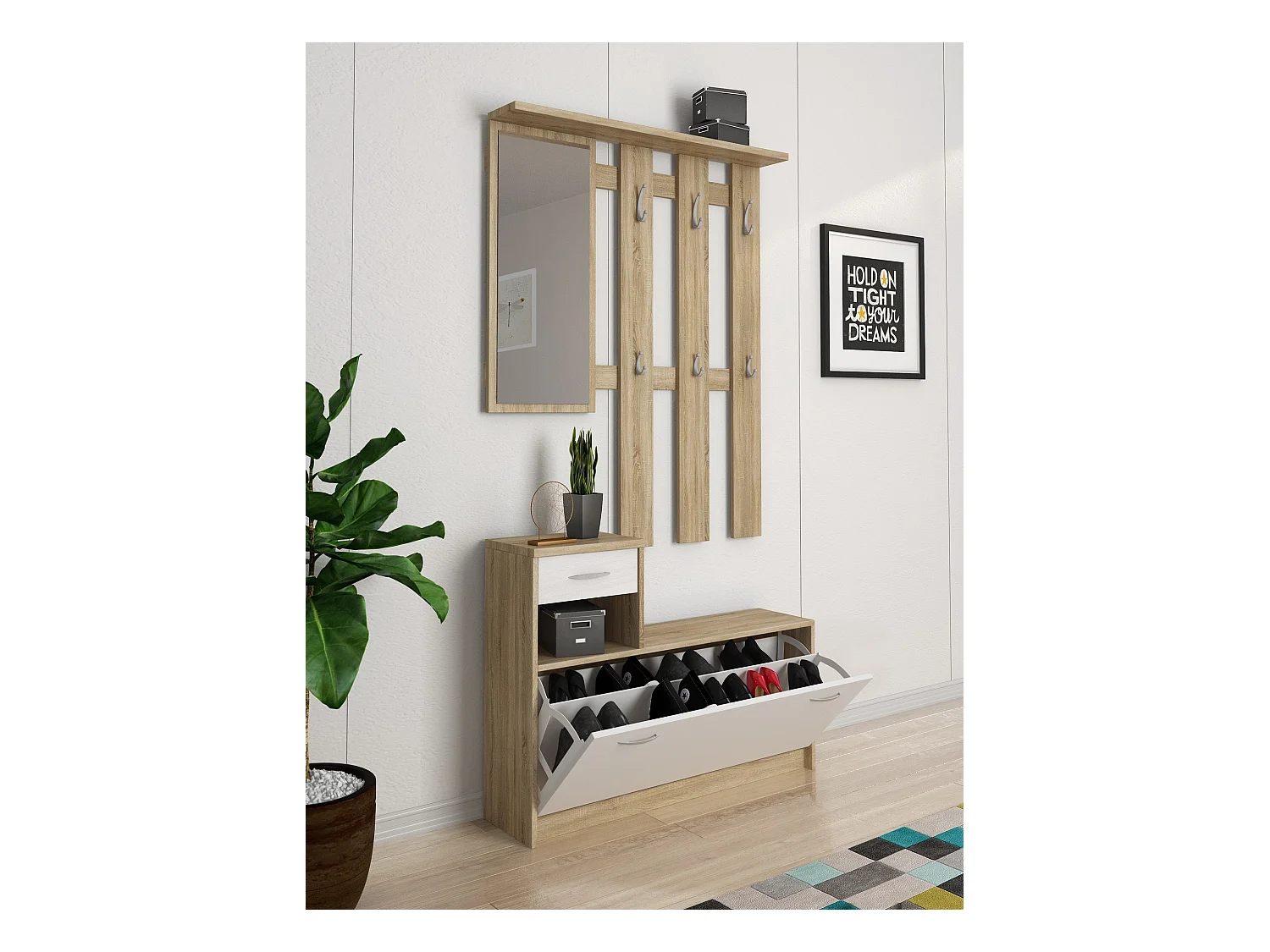 Muebles de entrada 0, Recibidor moderno con espejo, Mueble con zapatero, Mueble multifunción, 100x25h180 cm, Blanco y Marrón