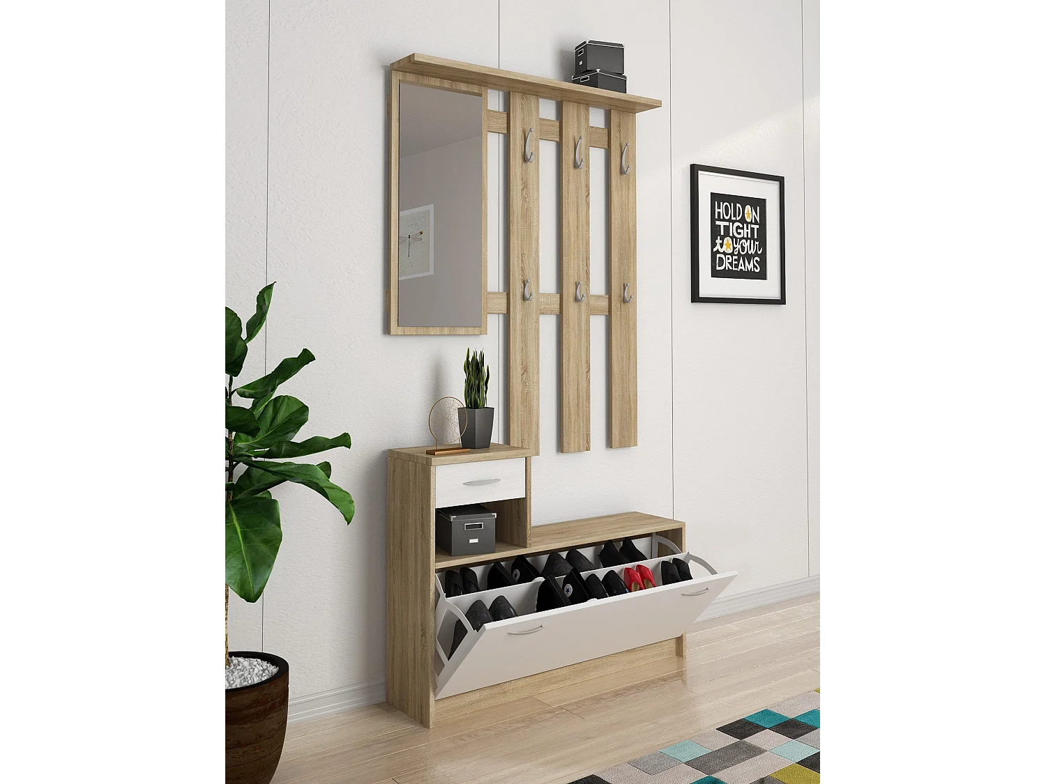 Meuble d'entrée Dbiagin, Entrée moderne, Armoire avec étagère à chaussures, Armoire polyvalente avec miroir et cintre, 100x25h180 cm, Chêne et Blanc