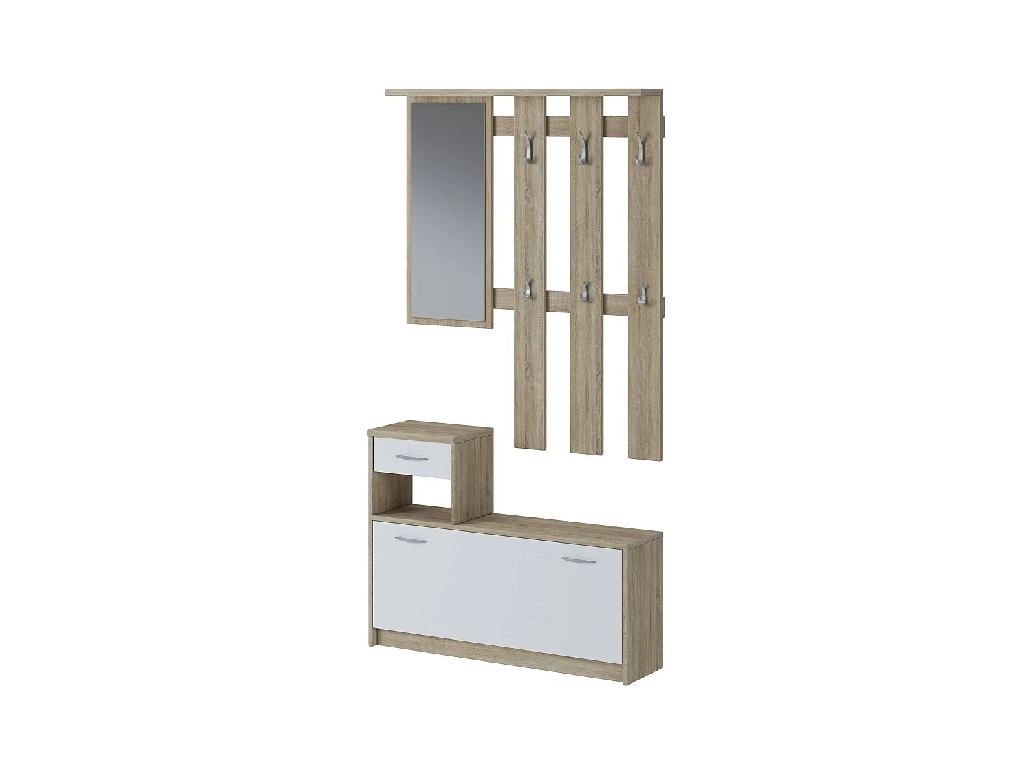 Meuble d'entrée Dbiagin, Entrée moderne, Armoire avec étagère à chaussures, Armoire polyvalente avec miroir et cintre, 100x25h180 cm, Chêne et Blanc