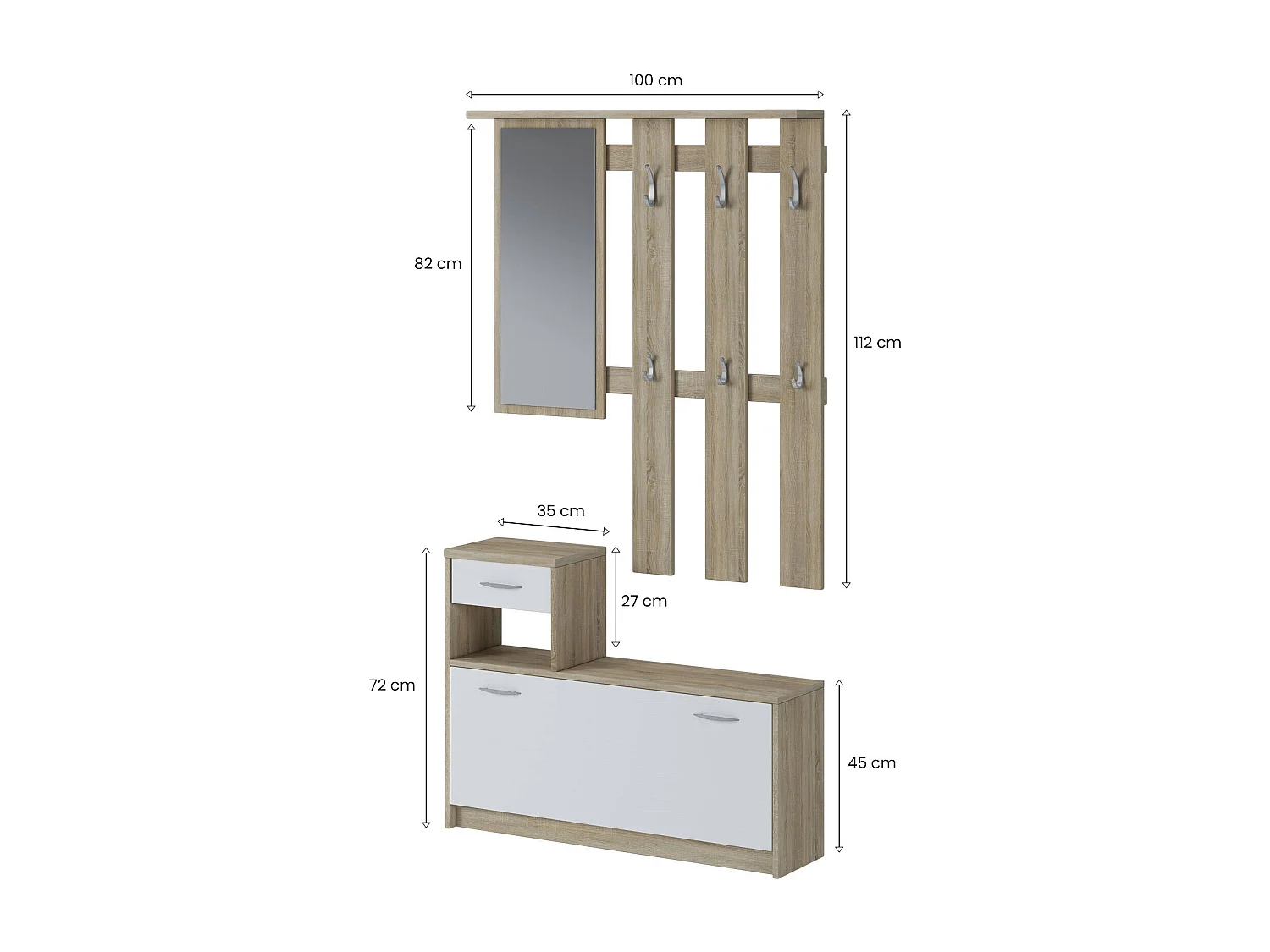 Entreemeubel 0, Moderne entree met spiegel, Kast met schoenenrek, Multifunctionele kast, 100x25h180 cm, Wit en Eiken