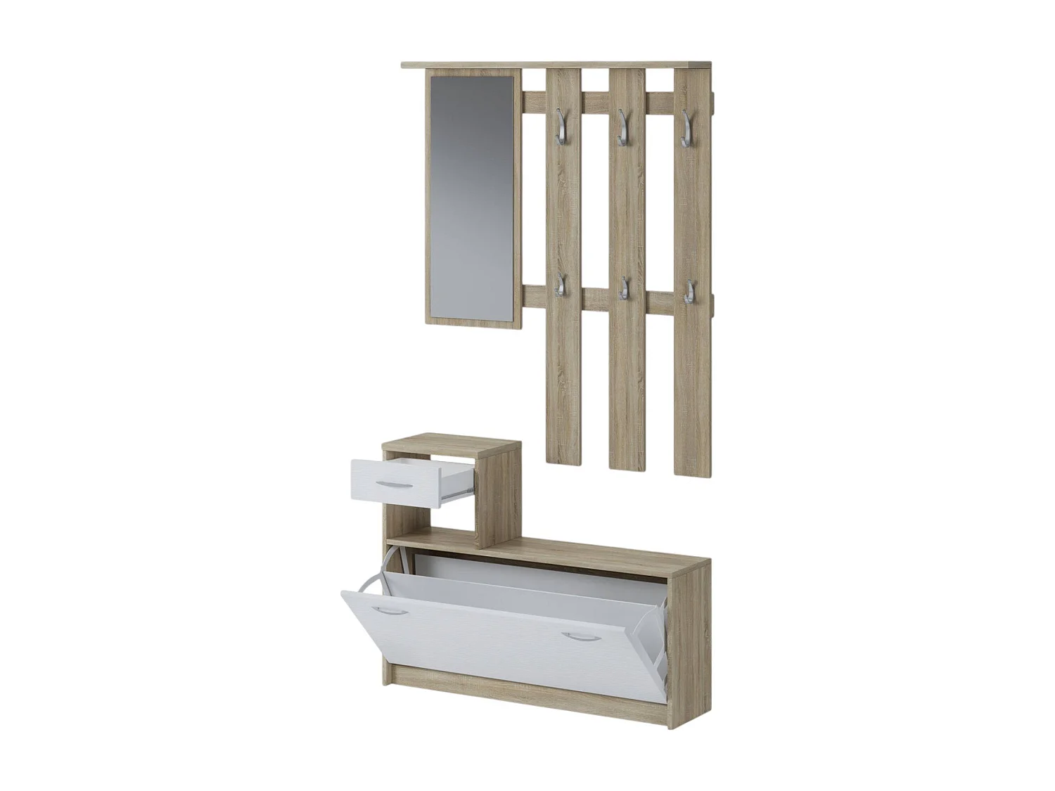 Meuble d'entrée Dbiagin, Entrée moderne, Armoire avec étagère à chaussures, Armoire polyvalente avec miroir et cintre, 100x25h180 cm, Chêne et Blanc