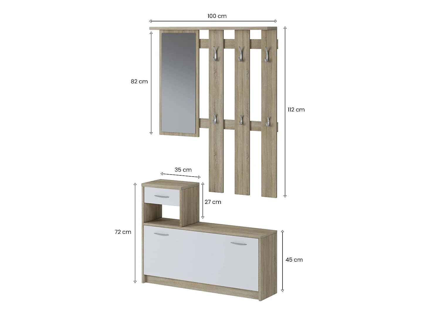 Entreemeubel 0, Moderne entree met spiegel, Kast met schoenenrek, Multifunctionele kast, 100x25h180 cm, Wit en Eiken