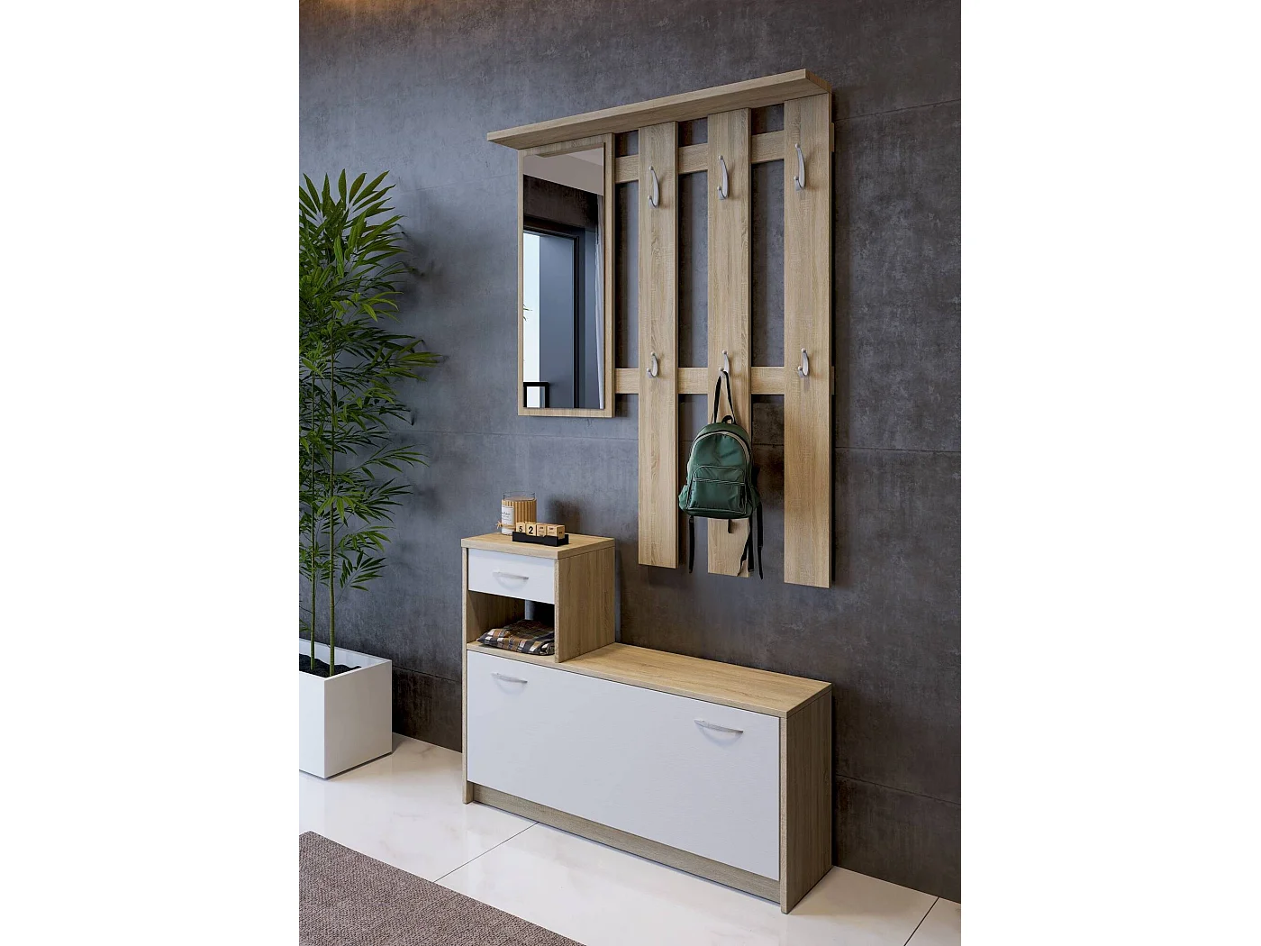 Entreemeubel 0, Moderne entree met spiegel, Kast met schoenenrek, Multifunctionele kast, 100x25h180 cm, Wit en Eiken