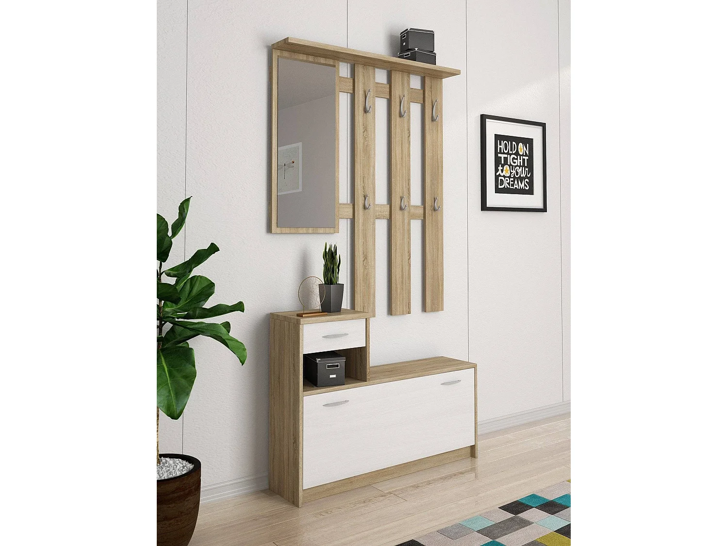 Entreemeubel 0, Moderne entree met spiegel, Kast met schoenenrek, Multifunctionele kast, 100x25h180 cm, Wit en Eiken