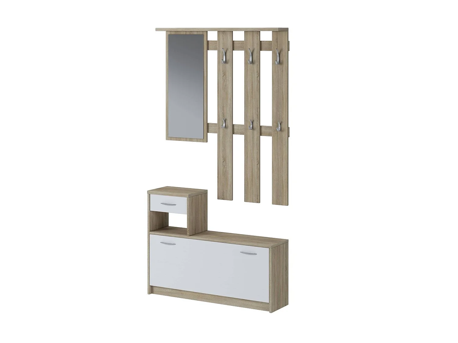 Entreemeubel 0, Moderne entree met spiegel, Kast met schoenenrek, Multifunctionele kast, 100x25h180 cm, Wit en Eiken