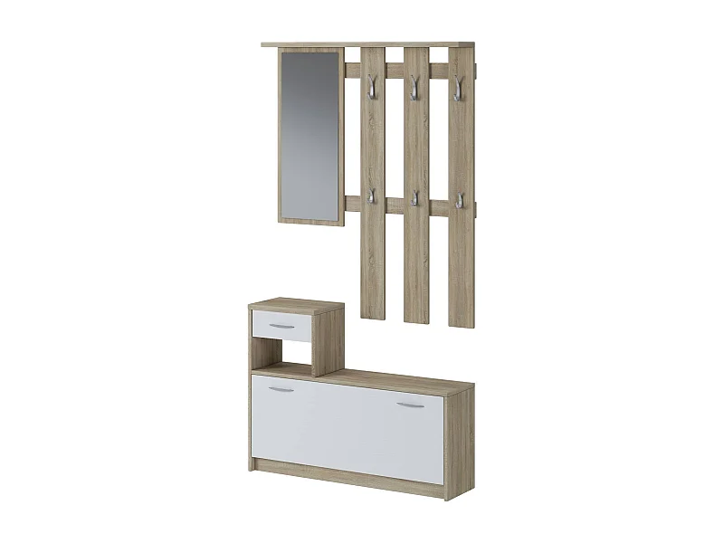 Muebles de entrada 0, Recibidor moderno con espejo, Mueble con zapatero, Mueble multifunción, 100x25h180 cm, Blanco y Marrón