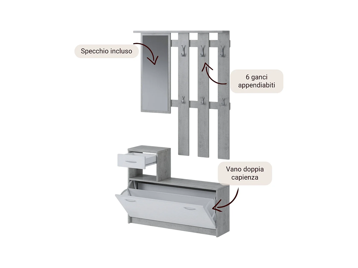 Móvel de entrada 0, Entrada moderna com espelho, Armário com sapateira, Armário multifuncional, 100x25h180 cm, Branco e Cimento
