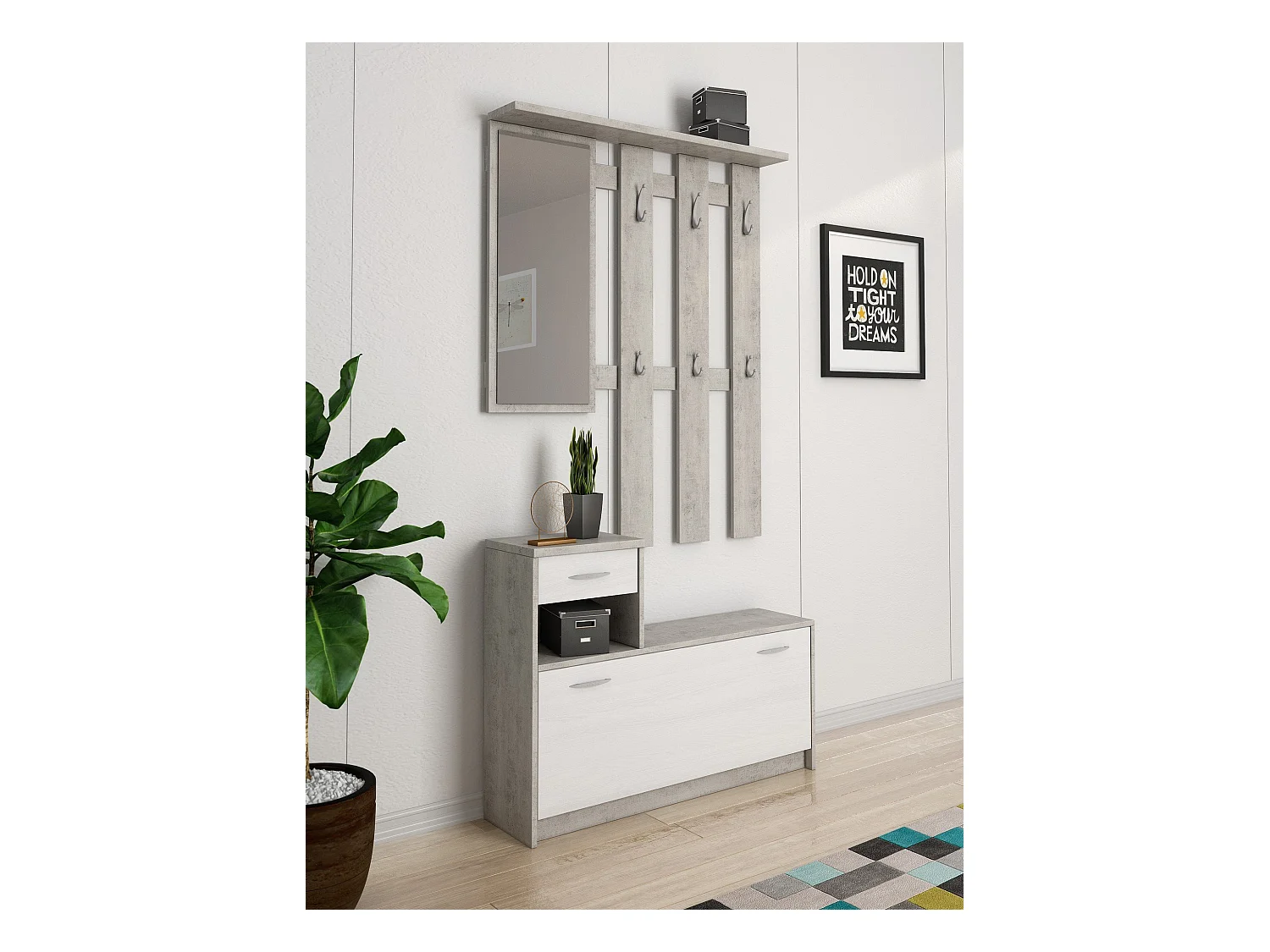 Meuble d'entrée Dbiagin, Entrée moderne, Armoire avec étagère à chaussures, Armoire polyvalente avec miroir et cintre, 100x25h180 cm, Ciment et Blanc