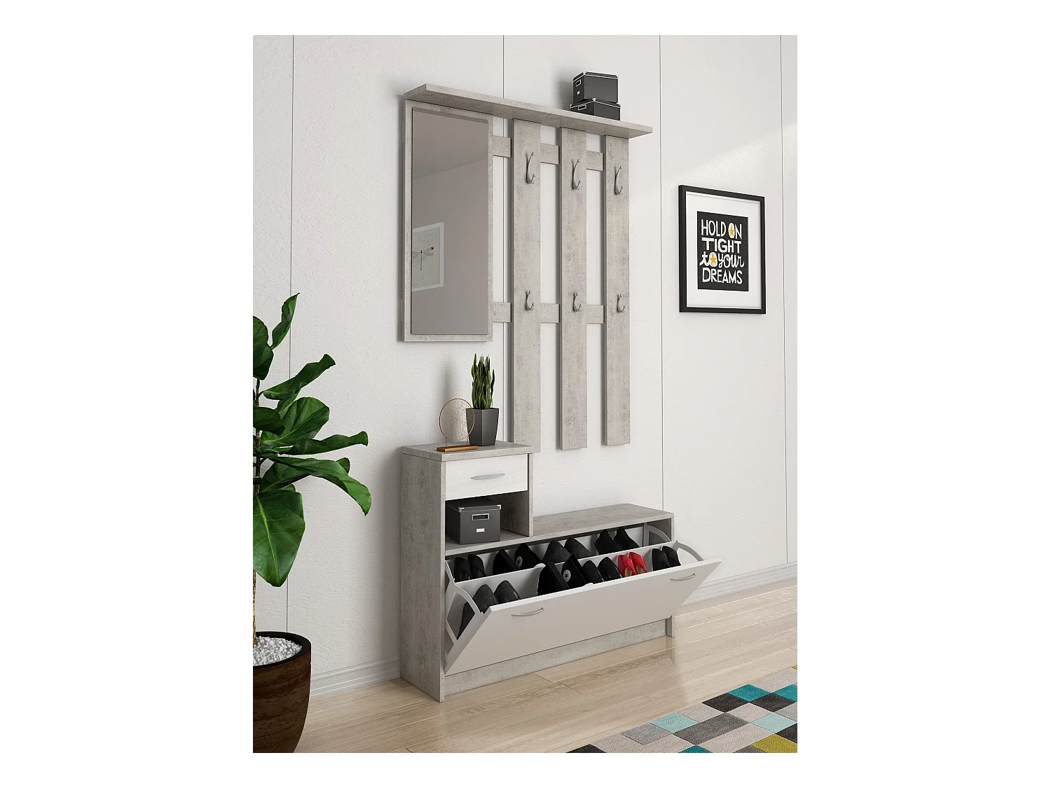 Meuble d'entrée Dbiagin, Entrée moderne, Armoire avec étagère à chaussures, Armoire polyvalente avec miroir et cintre, 100x25h180 cm, Ciment et Blanc