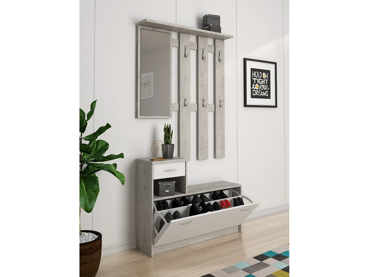 Entreemeubel 0, Moderne entree met spiegel, Kast met schoenenrek, Multifunctionele kast, 100x25h180 cm, Wit en Cement