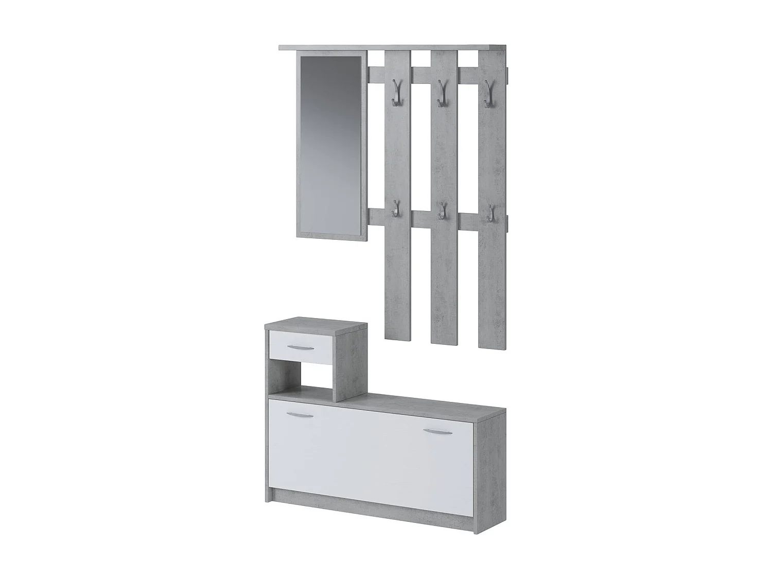 Entreemeubel 0, Moderne entree met spiegel, Kast met schoenenrek, Multifunctionele kast, 100x25h180 cm, Wit en Cement