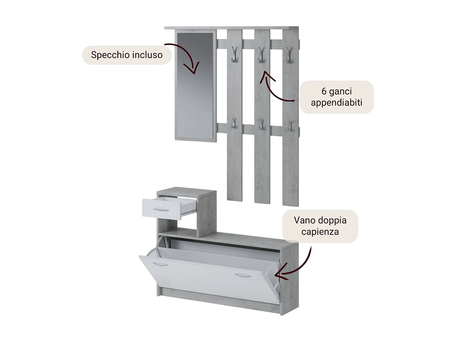 Entreemeubel 0, Moderne entree met spiegel, Kast met schoenenrek, Multifunctionele kast, 100x25h180 cm, Wit en Cement