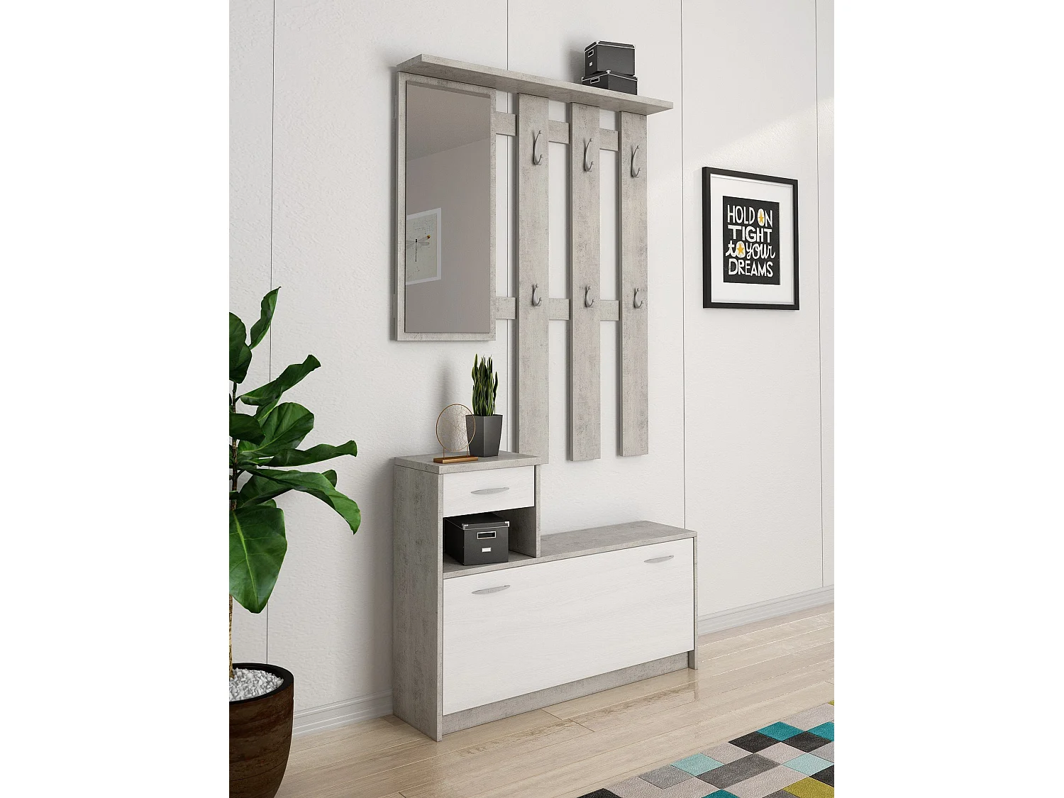 Meuble d'entrée Dbiagin, Entrée moderne, Armoire avec étagère à chaussures, Armoire polyvalente avec miroir et cintre, 100x25h180 cm, Ciment et Blanc
