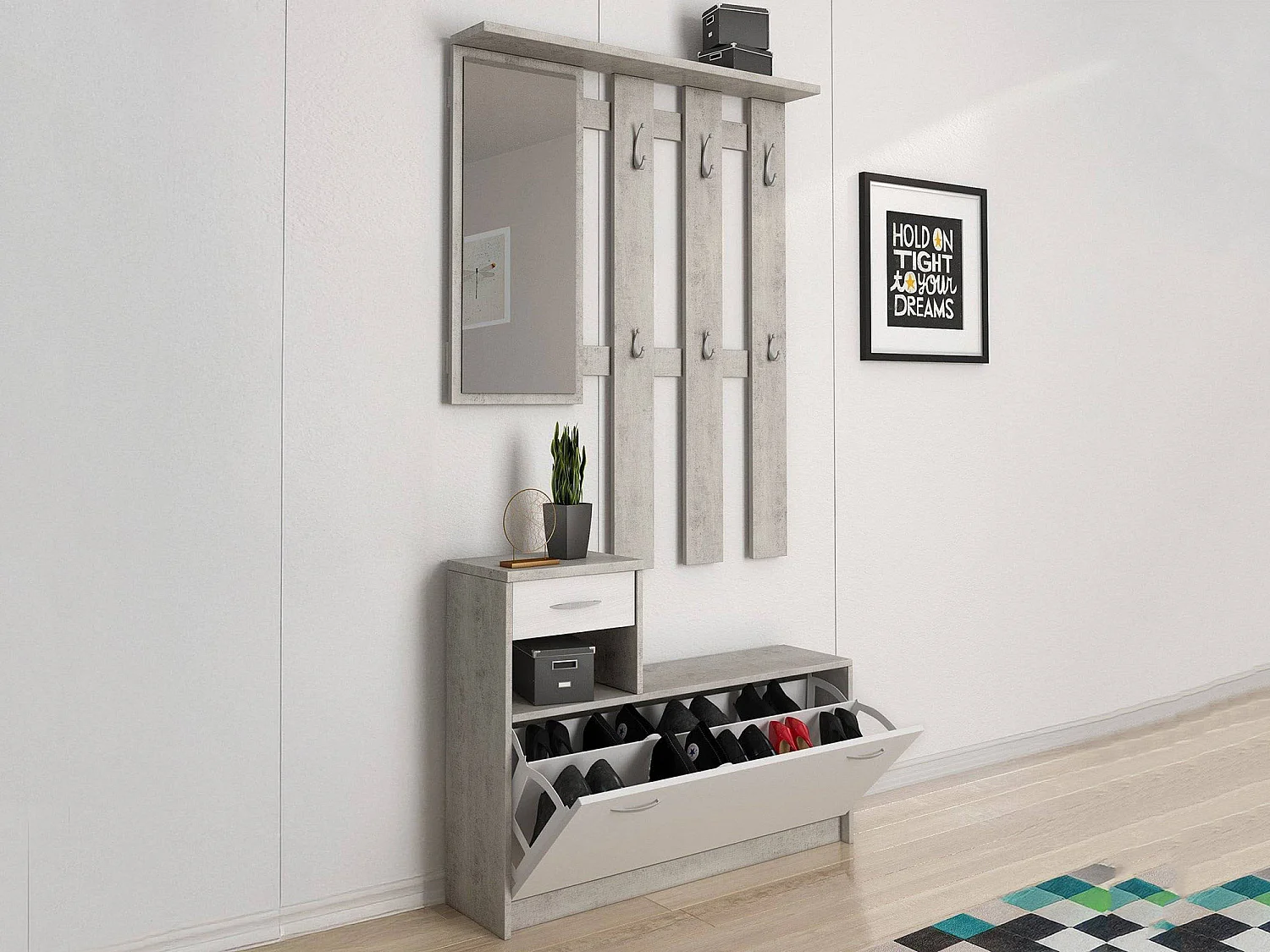 Meuble d'entrée Dbiagin, Entrée moderne, Armoire avec étagère à chaussures, Armoire polyvalente avec miroir et cintre, 100x25h180 cm, Ciment et Blanc
