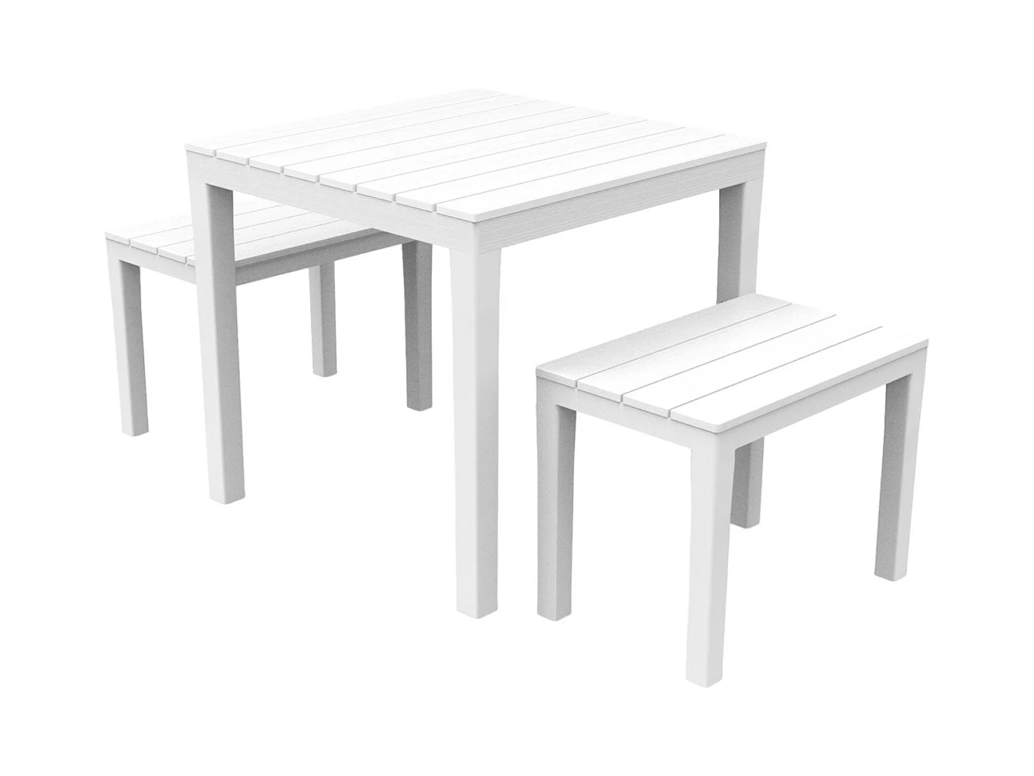 Conjunto lounge externo Moncalieri, Conjunto de jardim com 1 mesa quadrada e 2 bancos, Conjunto Pic Nic interno e externo, 100% Fabricado na Itália, Branco