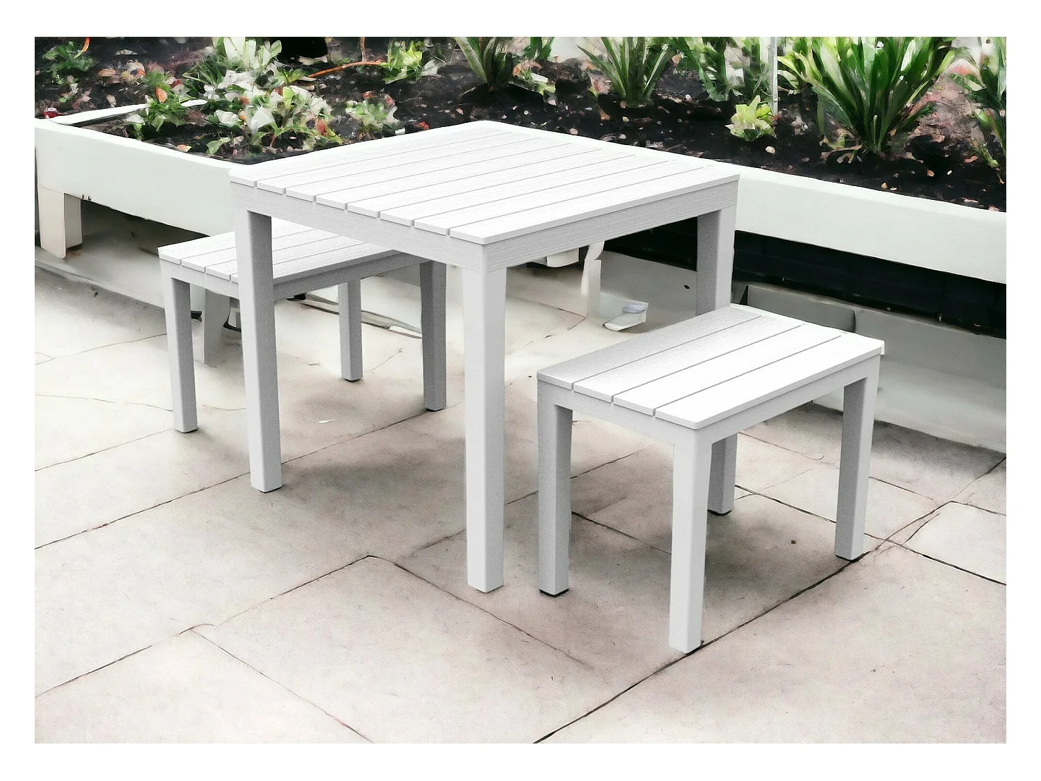 Conjunto lounge externo Moncalieri, Conjunto de jardim com 1 mesa quadrada e 2 bancos, Conjunto Pic Nic interno e externo, 100% Fabricado na Itália, Branco