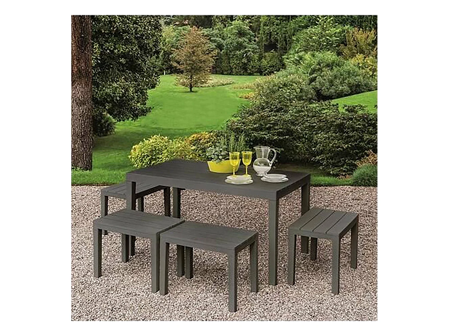 Conjunto lounge externo Sanremo, Conjunto de jardim com 1 mesa retangular e 4 bancos, Conjunto de piquenique interno e externo, 100% Fabricado na Itália, Antracite