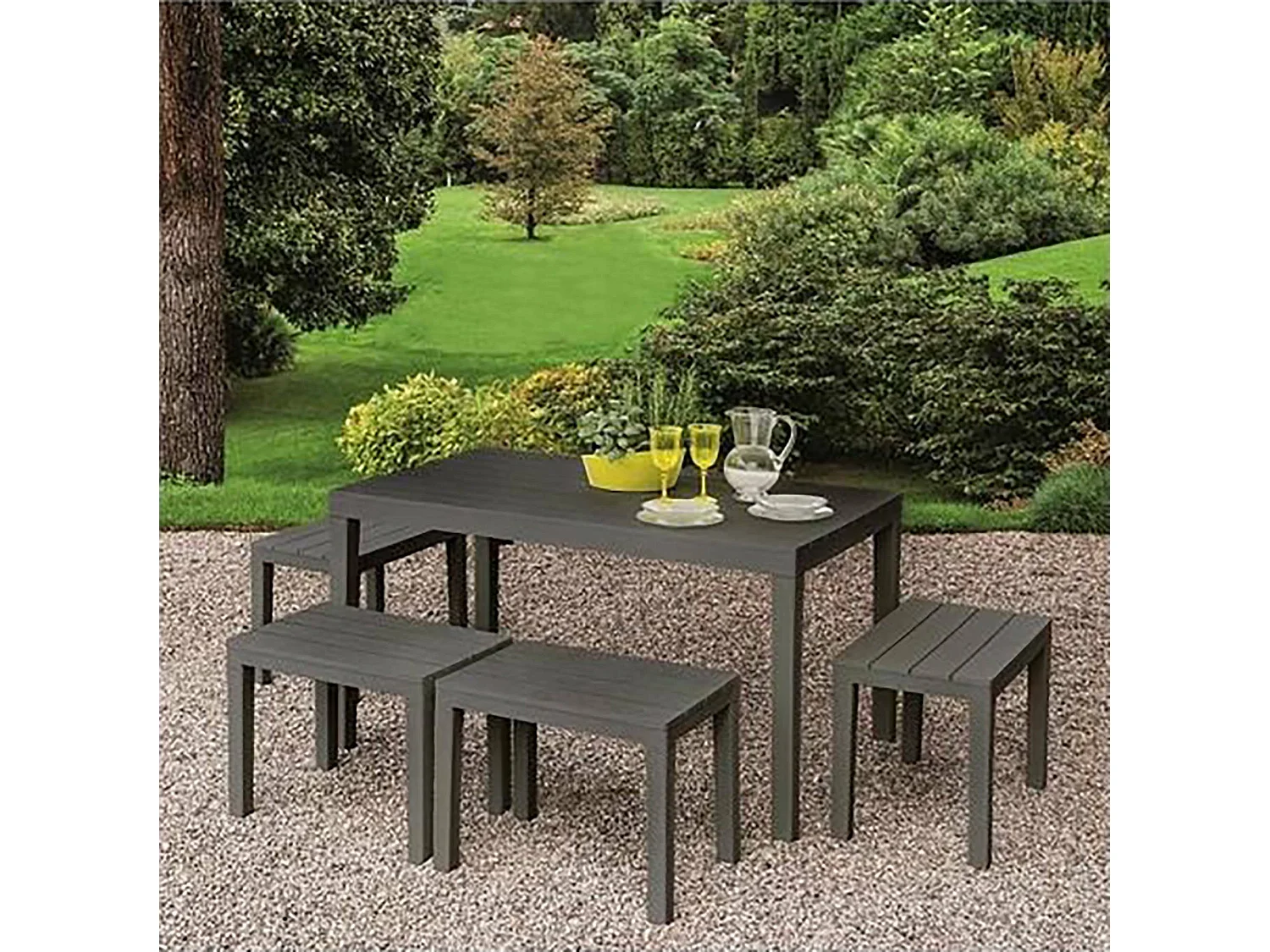Sanremo outdoor loungeset, Tuinset met 1 rechthoekige tafel en 4 banken, Picknickset voor binnen en buiten, 100% Made in Italy, Antraciet