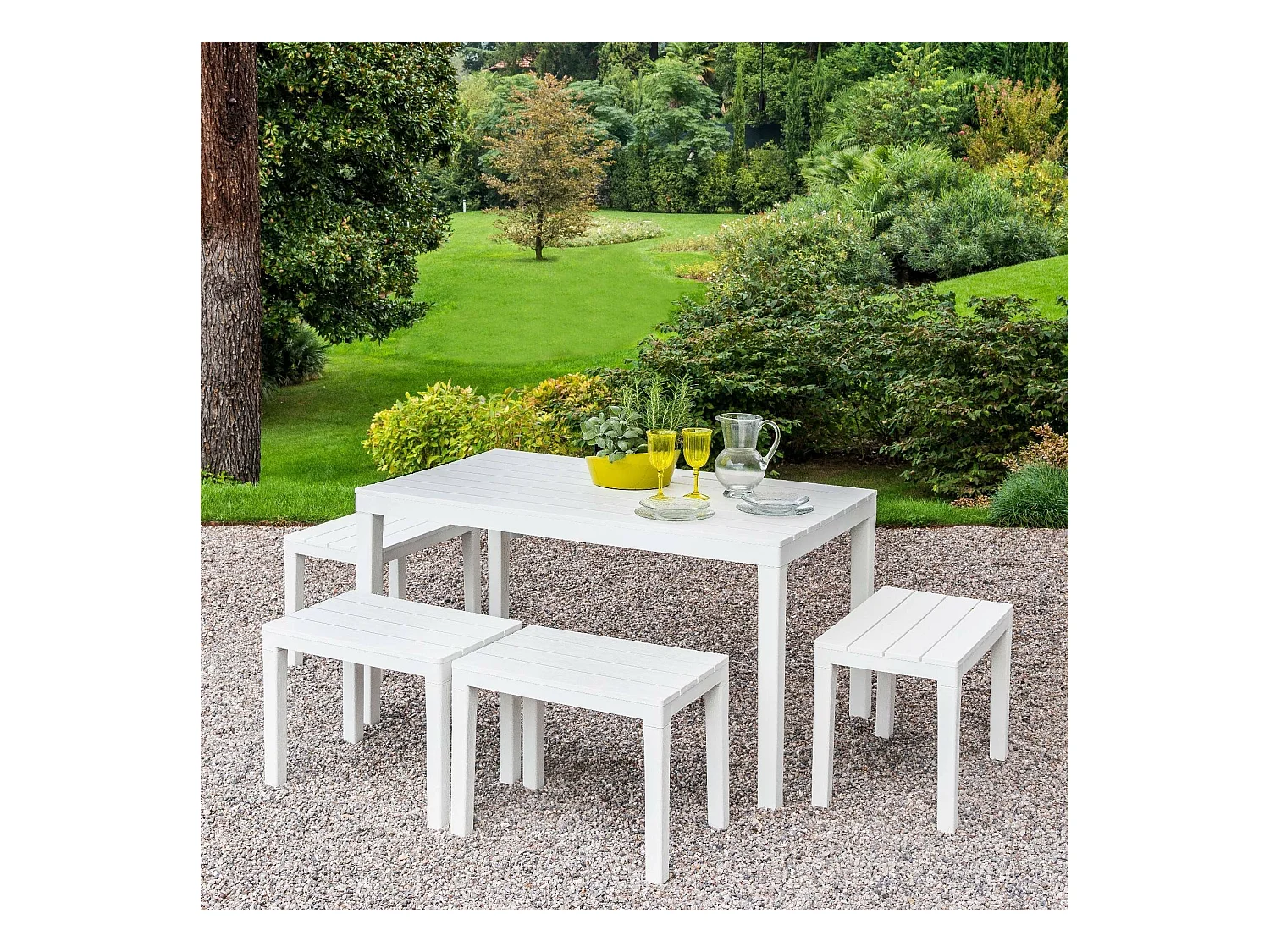 Conjunto lounge externo Sanremo, Conjunto de jardim com 1 mesa retangular e 4 bancos, Conjunto de piquenique interno e externo, 100% Fabricado na Itália, Branco