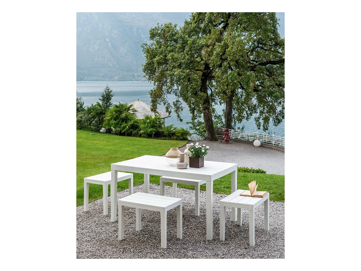 Conjunto lounge externo Sanremo, Conjunto de jardim com 1 mesa retangular e 4 bancos, Conjunto de piquenique interno e externo, 100% Fabricado na Itália, Branco