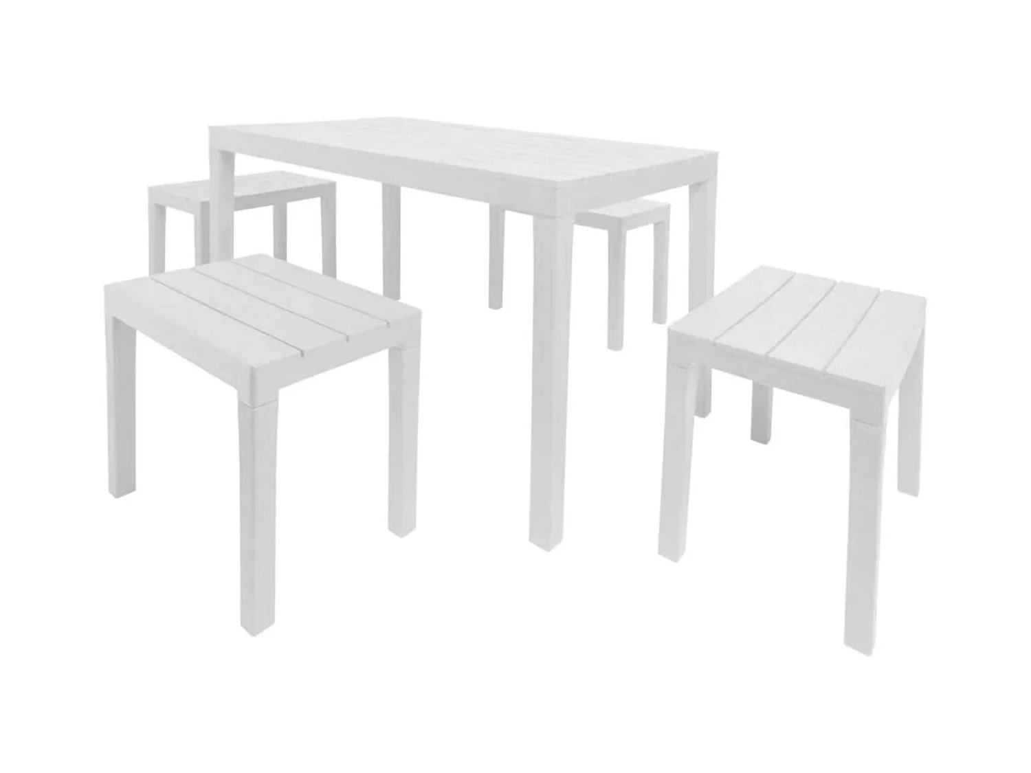Set salotto da esterno Sanremo, Set da giardino con 1 tavolo rettangolare e 4 panchine, Set indoor e outdoor da Pic Nic, 100% Made in Italy, Bianco