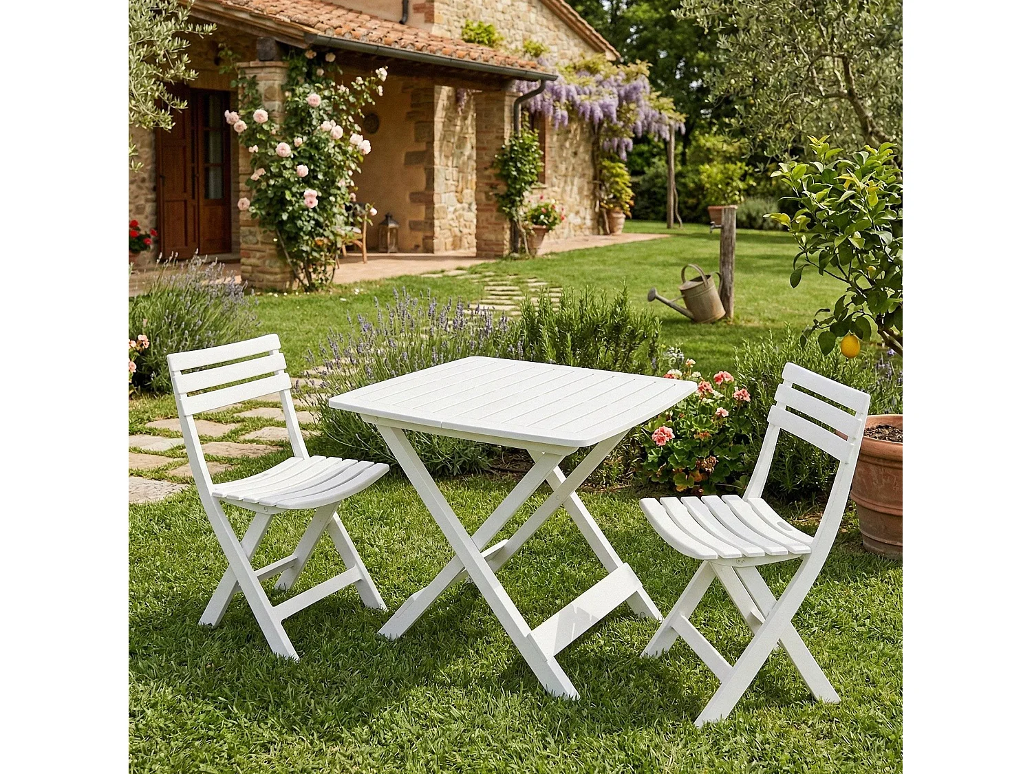 Ensemble de salon d'extérieur Paterno', Composition de jardin avec 2 fauteuils et 1 table, Salon de camping, 100% Made in Italy, Blanc