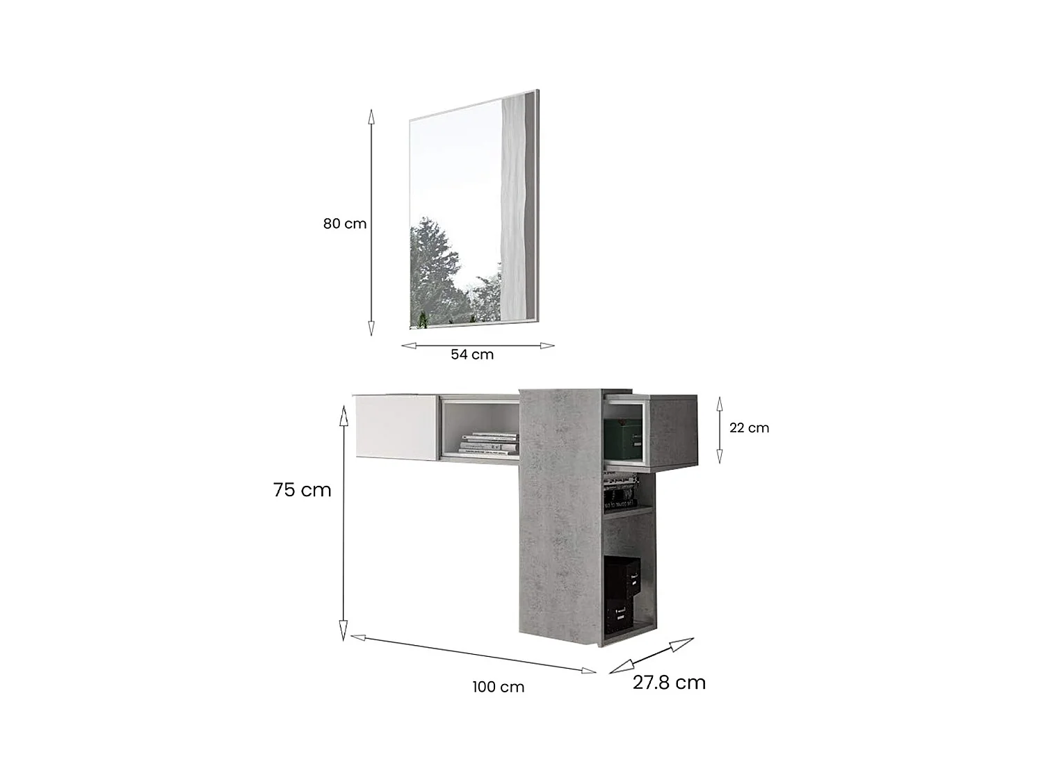 Meuble d'entrée Dpinz, Entrée suspendue, Élément mural avec miroir, Vide poche d'entrée avec tiroir et miroir, 100x27h75 cm, Ciment et Blanc
