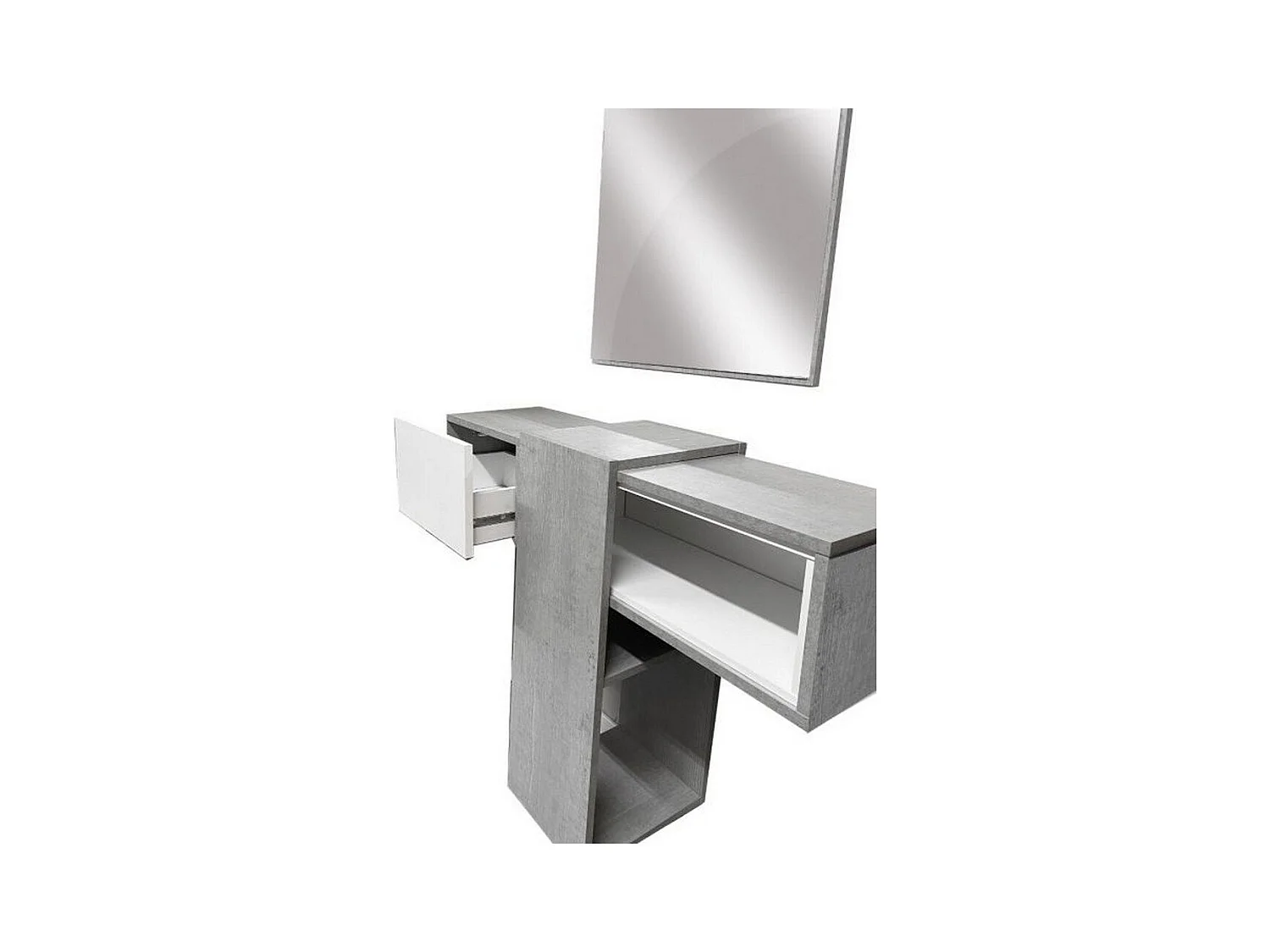 Meuble d'entrée Dpinz, Entrée suspendue, Élément mural avec miroir, Vide poche d'entrée avec tiroir et miroir, 100x27h75 cm, Ciment et Blanc