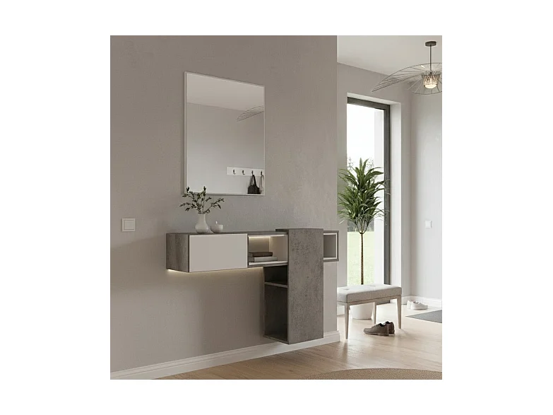 Meuble d'entrée Dpinz, Entrée suspendue, Élément mural avec miroir, Vide poche d'entrée avec tiroir et miroir, 100x27h75 cm, Ciment et Blanc