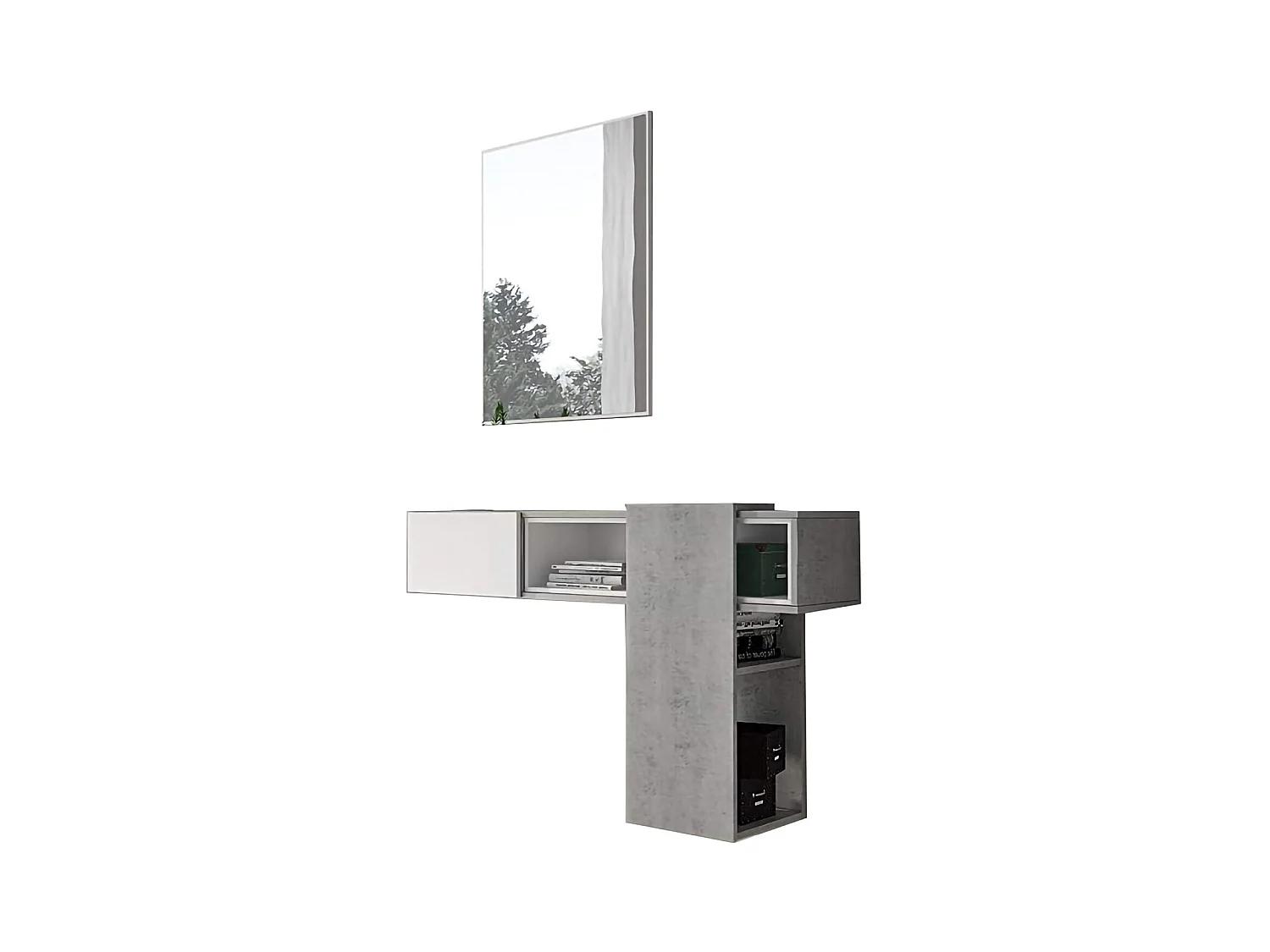 Meuble d'entrée Dpinz, Entrée suspendue, Élément mural avec miroir, Vide poche d'entrée avec tiroir et miroir, 100x27h75 cm, Ciment et Blanc
