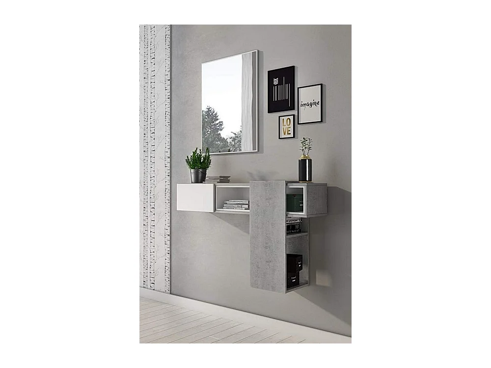 Meuble d'entrée Dpinz, Entrée suspendue, Élément mural avec miroir, Vide poche d'entrée avec tiroir et miroir, 100x27h75 cm, Ciment et Blanc