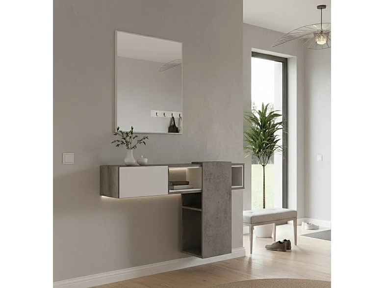 Entreekast 0, Moderne entree met spiegel, Kast met lade, Zakladekast, 100x27h75 cm, Cement en Wit