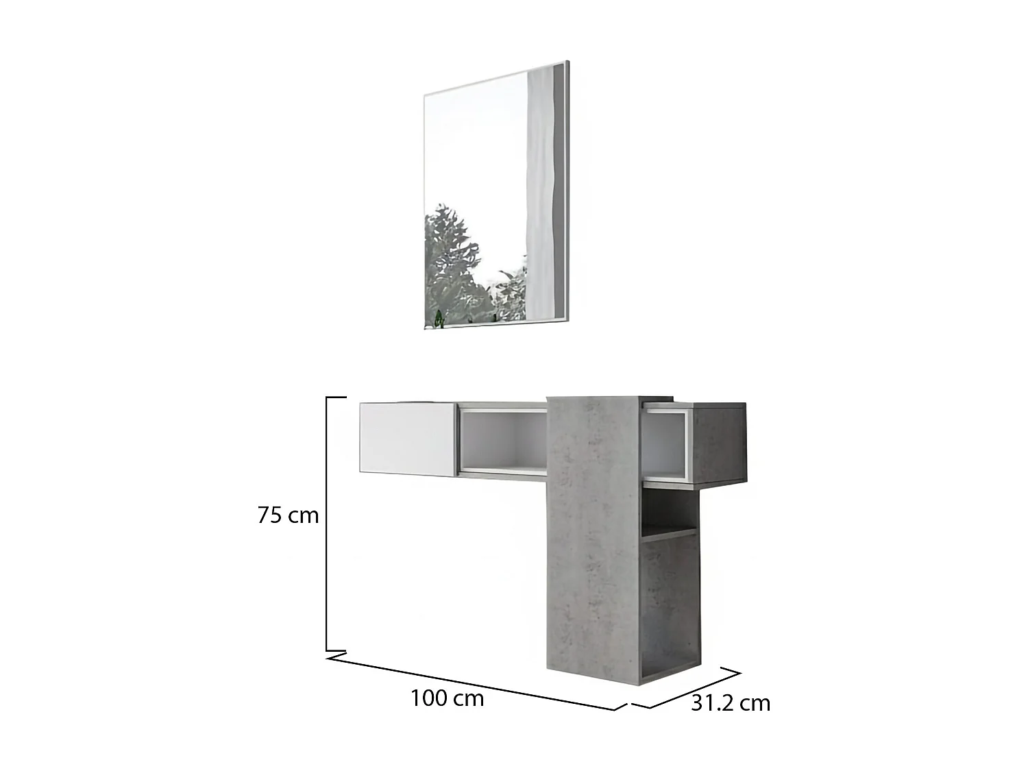 Meuble d'entrée Dpinz, Entrée suspendue, Élément mural avec miroir, Vide poche d'entrée avec tiroir et miroir, 100x27h75 cm, Ciment et Blanc