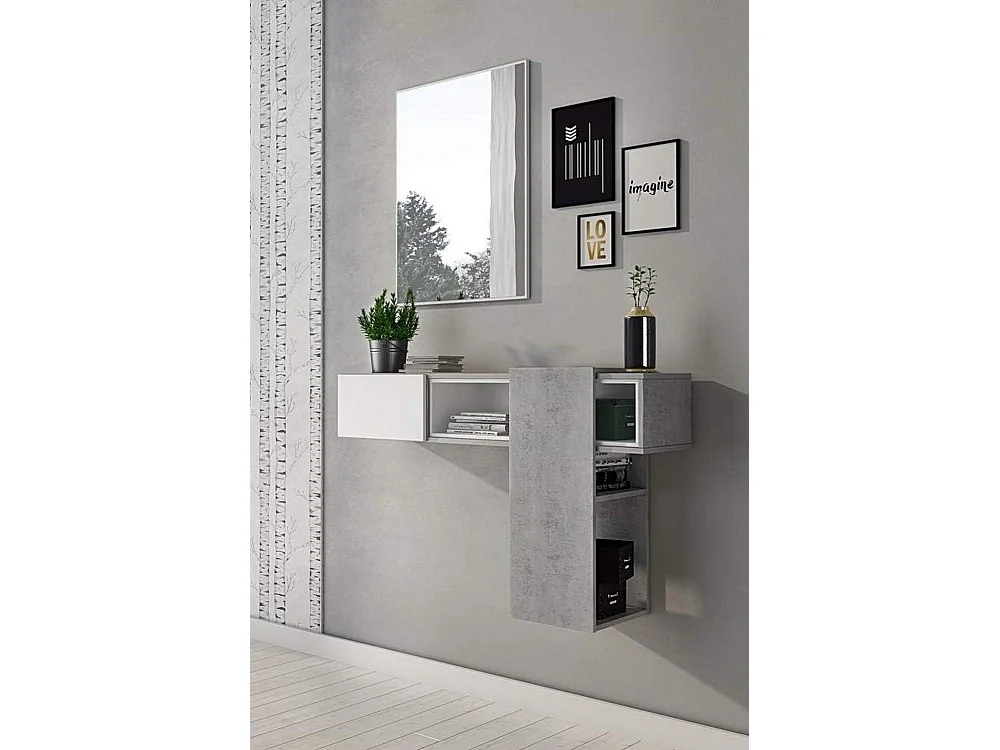 Meuble d'entrée Dpinz, Entrée suspendue, Élément mural avec miroir, Vide poche d'entrée avec tiroir et miroir, 100x27h75 cm, Ciment et Blanc