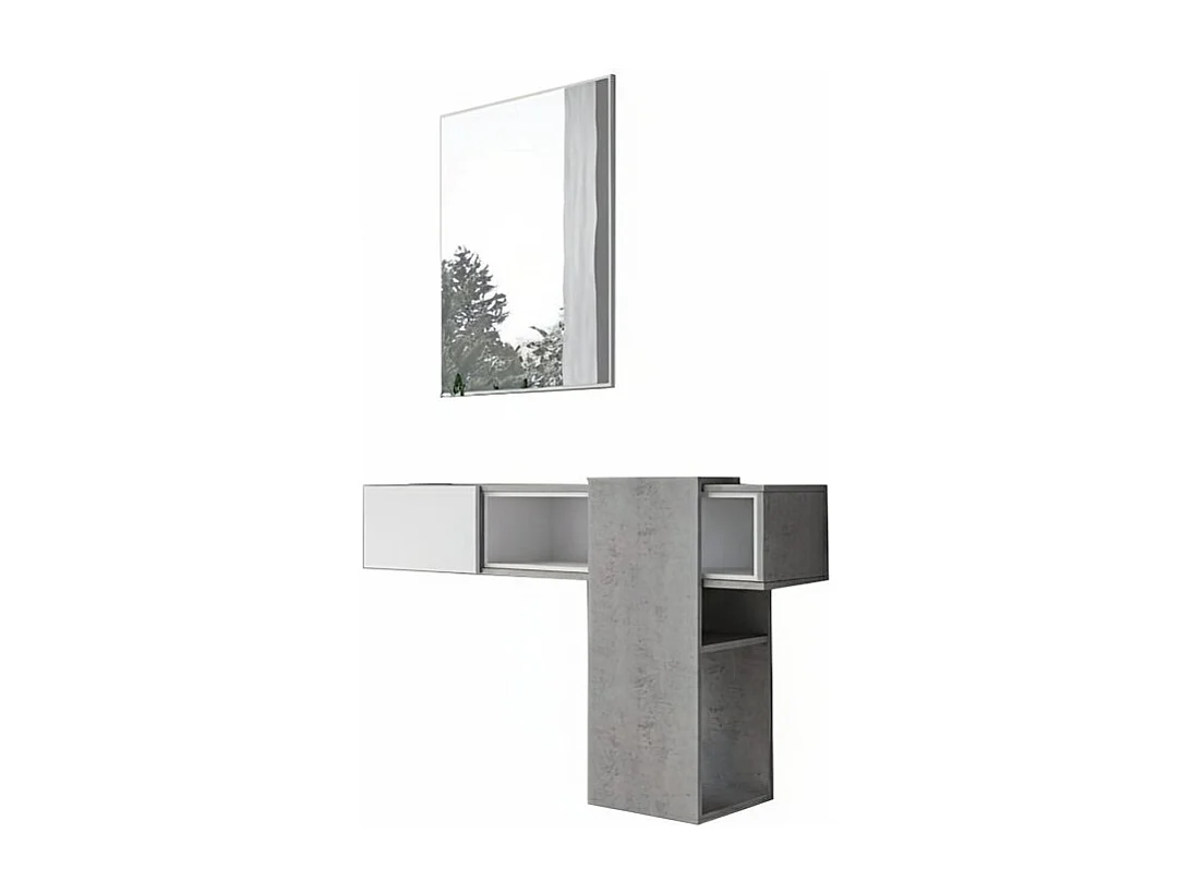 Meuble d'entrée Dpinz, Entrée suspendue, Élément mural avec miroir, Vide poche d'entrée avec tiroir et miroir, 100x27h75 cm, Ciment et Blanc