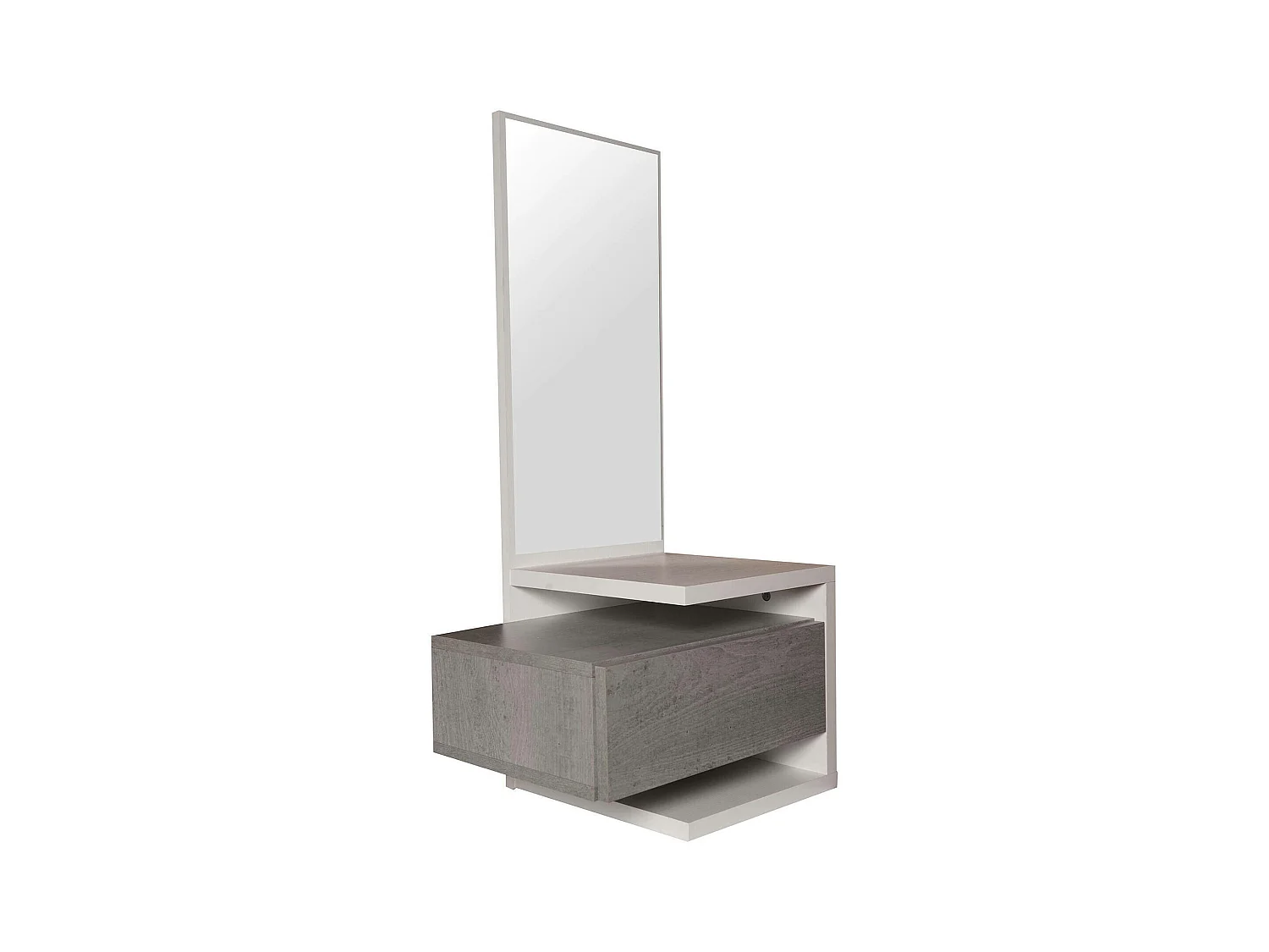 Meuble d'entrée avec miroir, entrée pour hall avec tiroir et étagère, Vide-poche pour petits appartements, 43x32h90 cm, Couleur Blanc et Béton