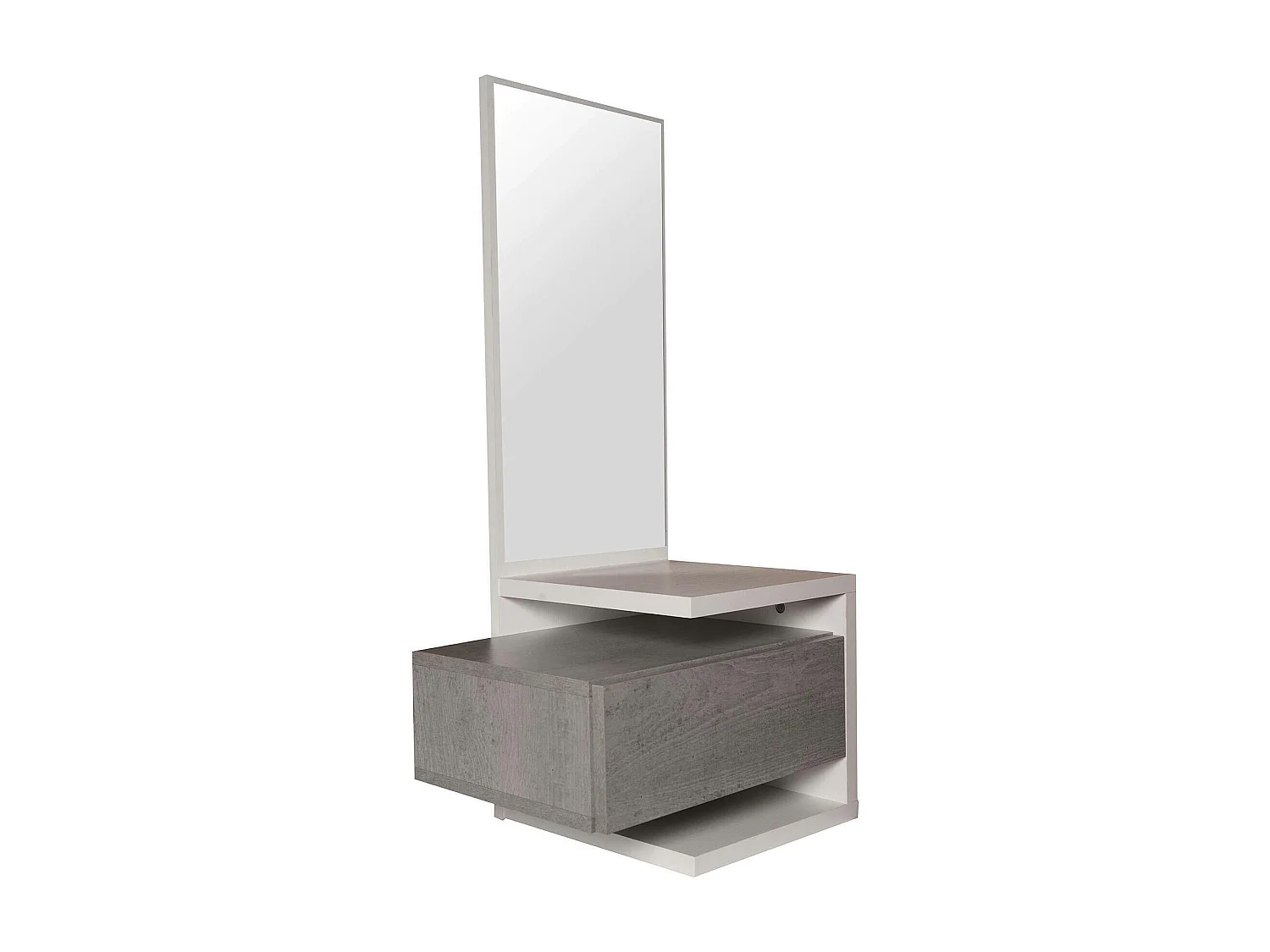 Meuble d'entrée avec miroir, entrée pour hall avec tiroir et étagère, Vide-poche pour petits appartements, 43x32h90 cm, Couleur Blanc et Béton