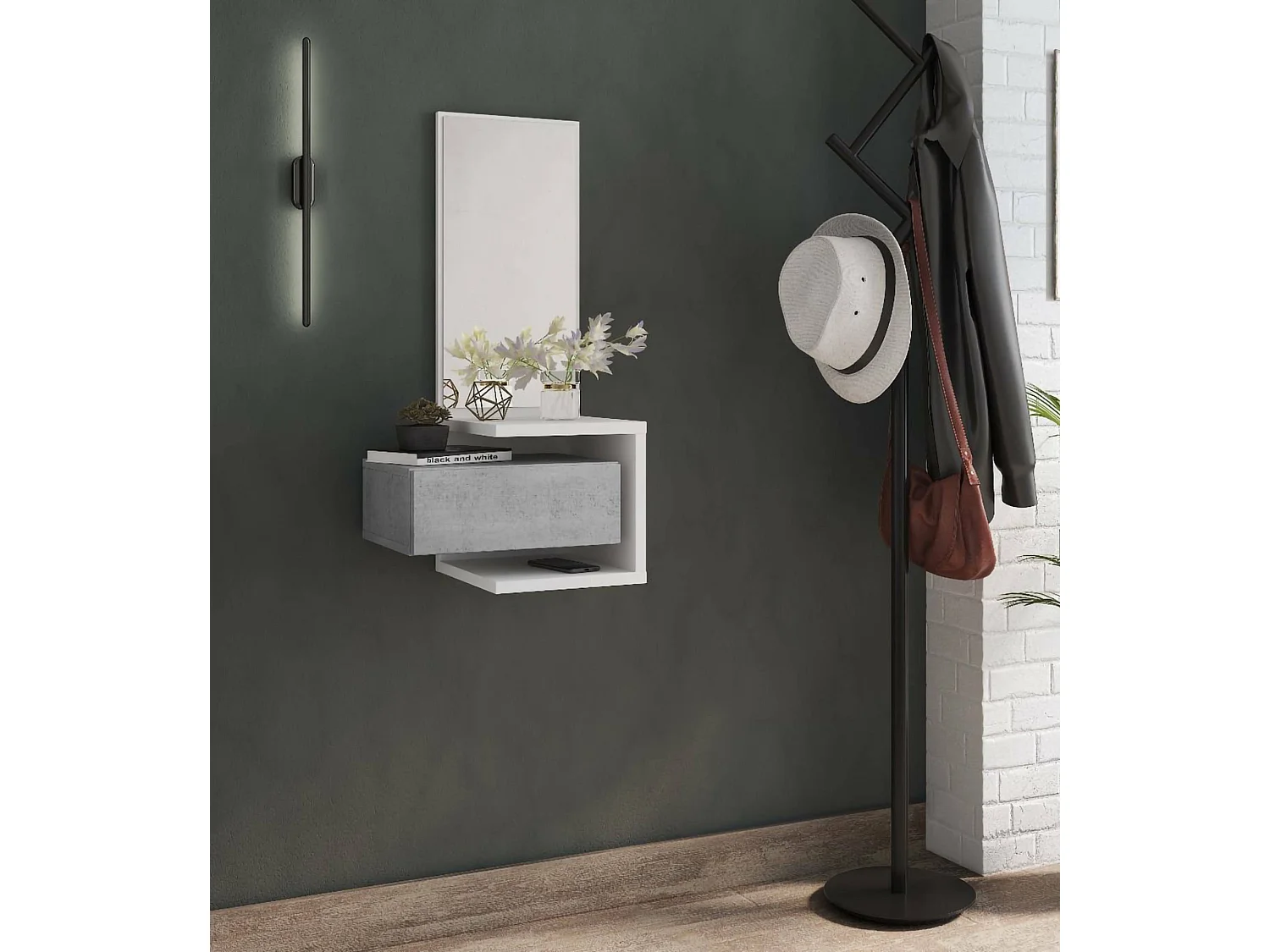 Meuble d'entrée avec miroir, entrée pour hall avec tiroir et étagère, Vide-poche pour petits appartements, 43x32h90 cm, Couleur Blanc et Béton