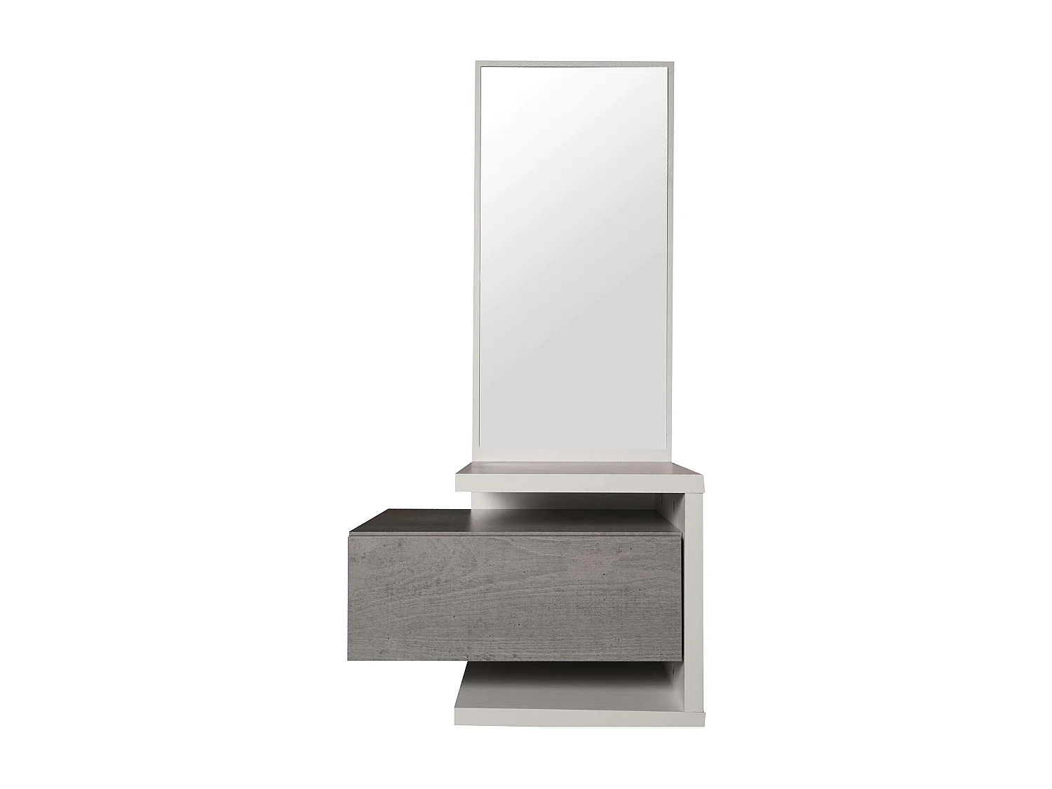 Meuble d'entrée avec miroir, entrée pour hall avec tiroir et étagère, Vide-poche pour petits appartements, 43x32h90 cm, Couleur Blanc et Béton