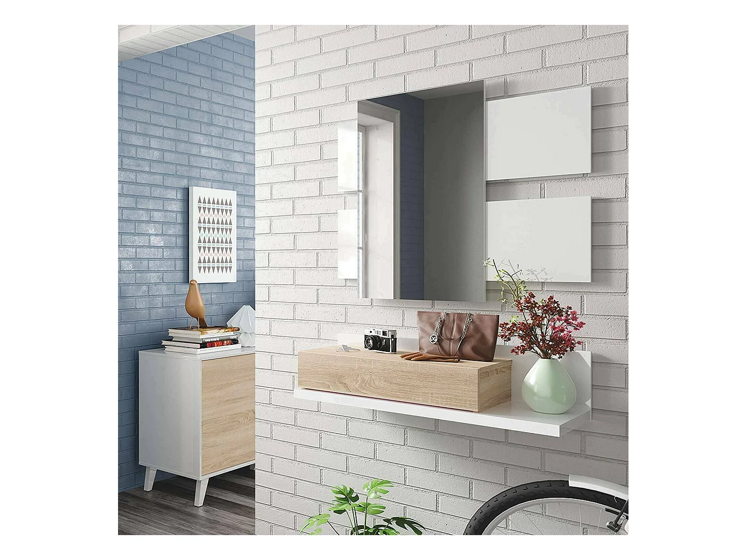 DCori entreemeubel, Hangende entree met spiegel, Entreemeubel met lade, 75x29h90 cm, Wit en Eiken