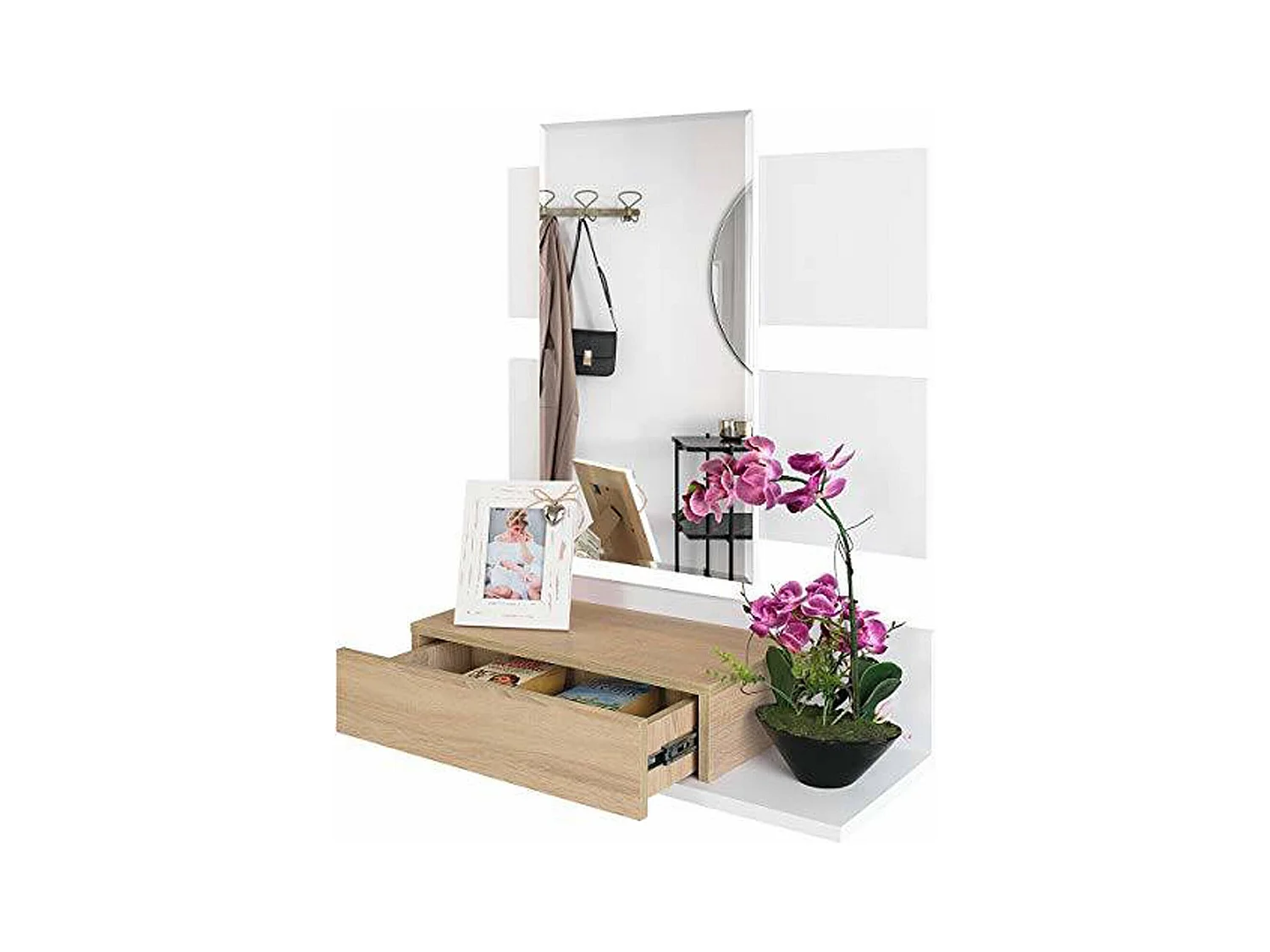 DCori entreemeubel, Hangende entree met spiegel, Entreemeubel met lade, 75x29h90 cm, Wit en Eiken